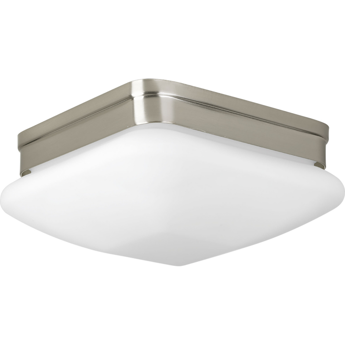 With an elevated style, the two-light 9 inch flush mount appeals to current home decor trends. Soft contemporary design includes square etched opal glass. Damp location listed. Brushed Nickel finish.