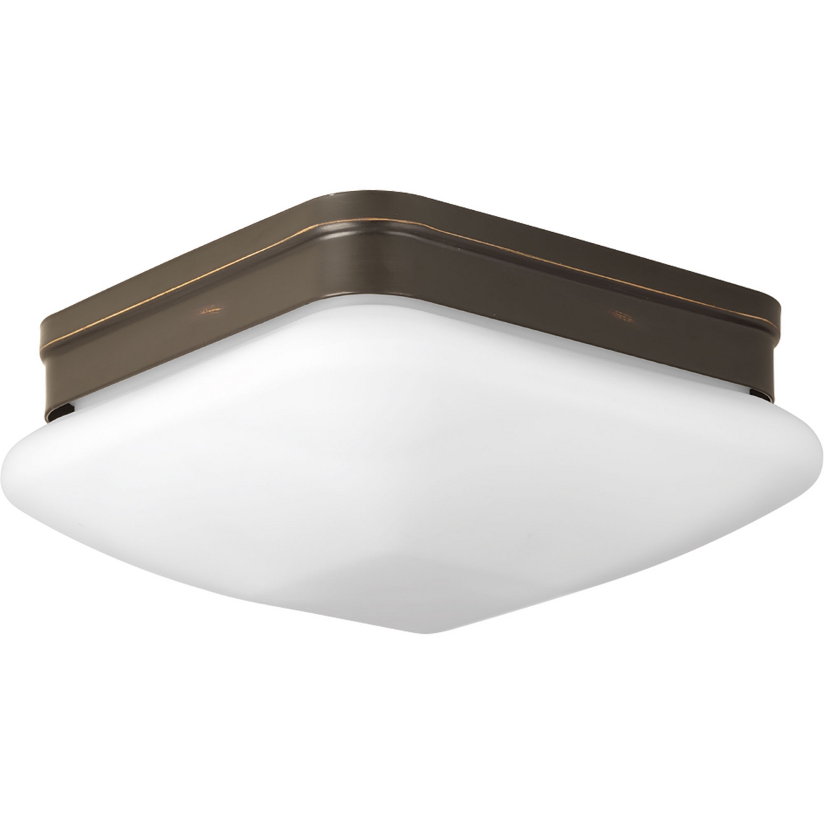 With an elevated style, the two-light 9 inch flush mount appeals to current home decor trends. Soft contemporary design includes square etched opal glass. Damp location listed. Antique Bronze finish.