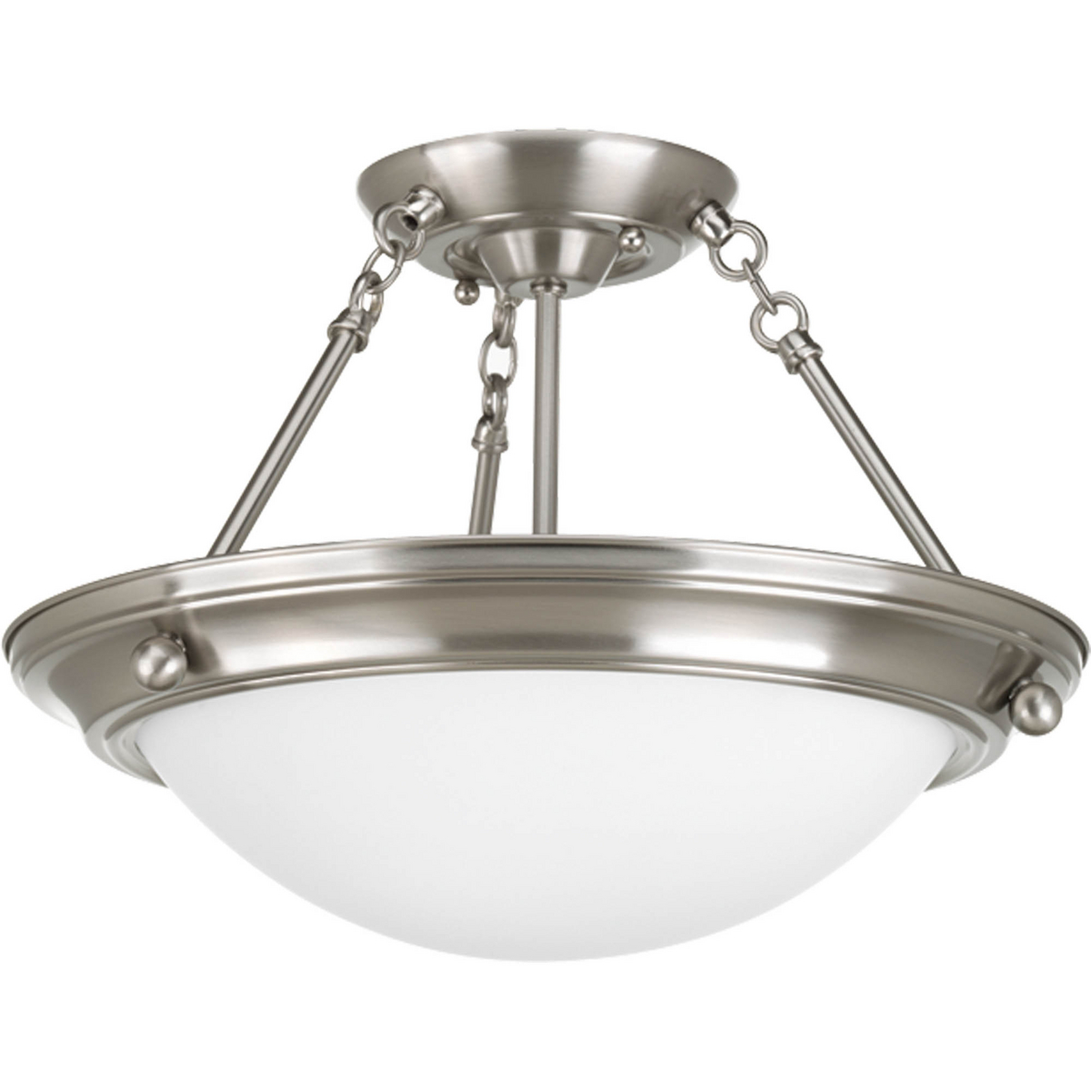 Two-light Semi-flush ceiling fixture with satin white glass is perfect for residential and commercial applications. Brushed Nickel finish.