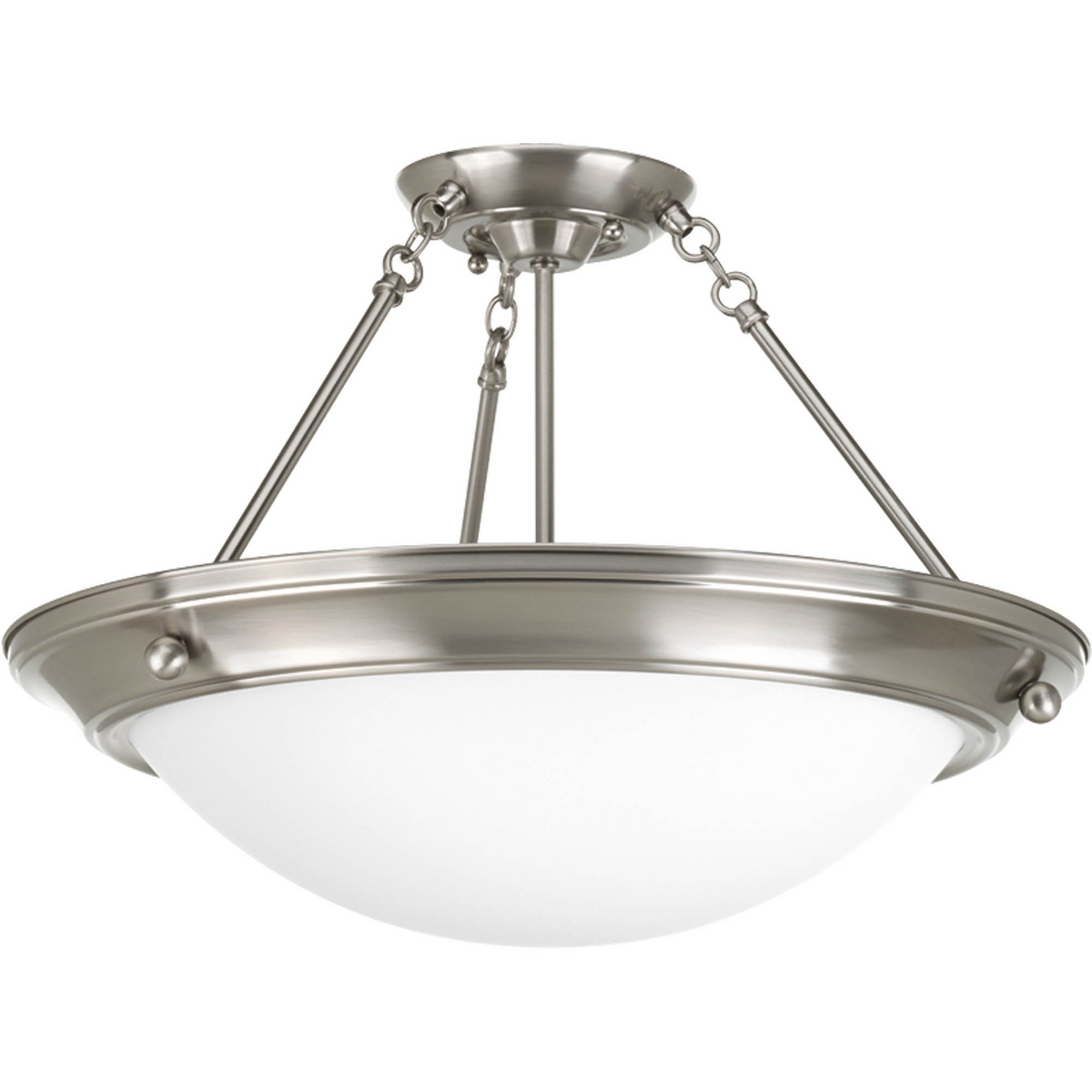 Three-light 19-3/8 in Semi-flush ceiling fixture with satin white glass is perfect for residential and commercial applications. Brushed Nickel finish.