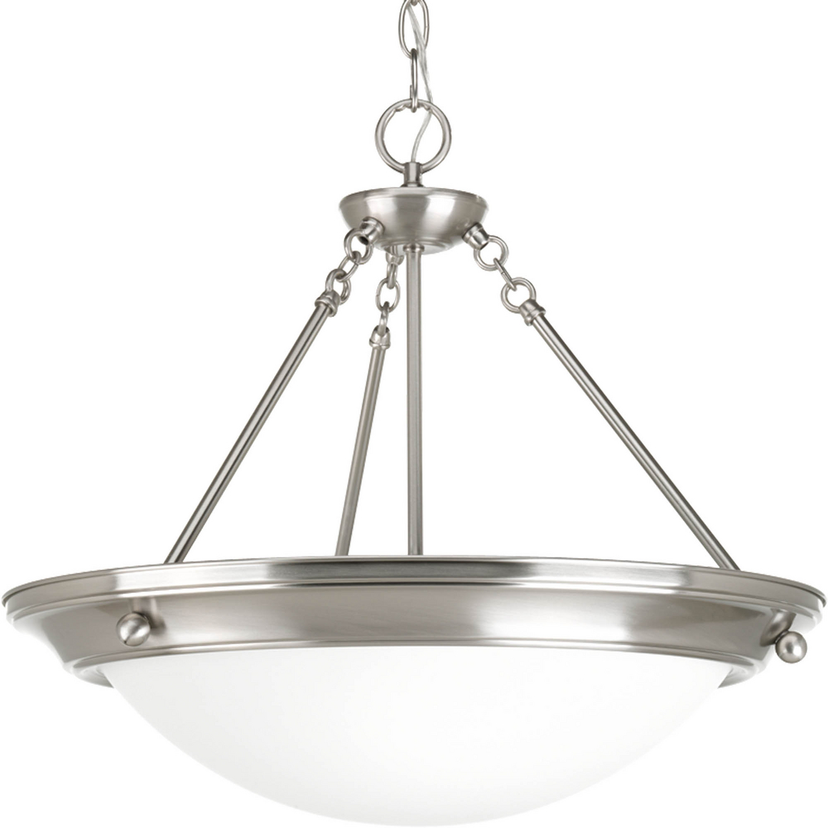 Four-light 27-3/8 in Pendant with satin white glass is perfect for residential and commercial applications. Brushed Nickel finish.