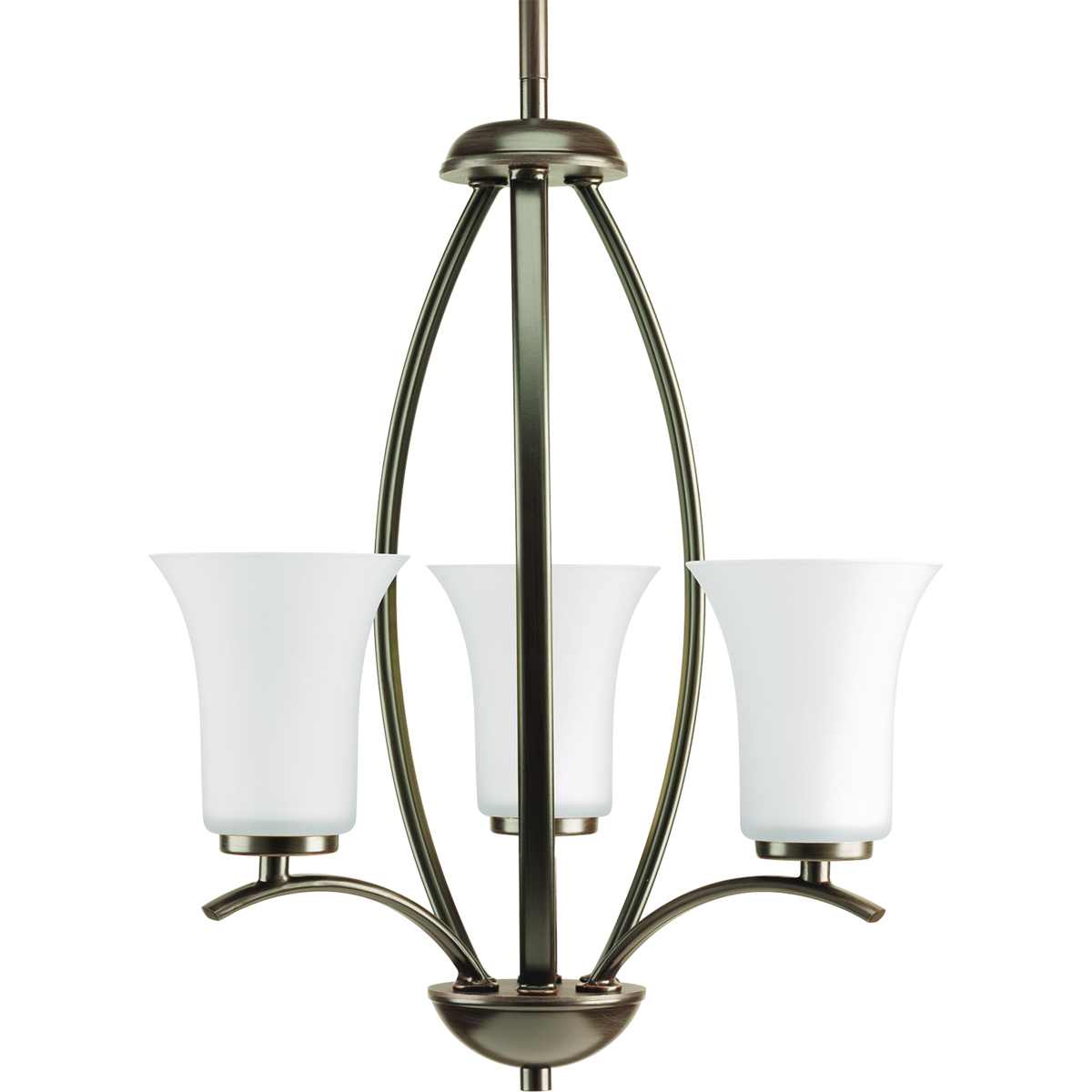 Gleeful simplicity defines this three-light foyer from the Joy Collection. Refreshing and fashionable arcing forms of Antique Bronze metal arms enhance the etched white fluted glass. Coordinating fixtures from this collection let you decorate an entire home with confidence and style. Unique stem-hung construction carries the clean line all the way to the ceiling and, for sloped ceilings, six feet of 9 gauge chain is provided to allow the fixture to hang straight and level.