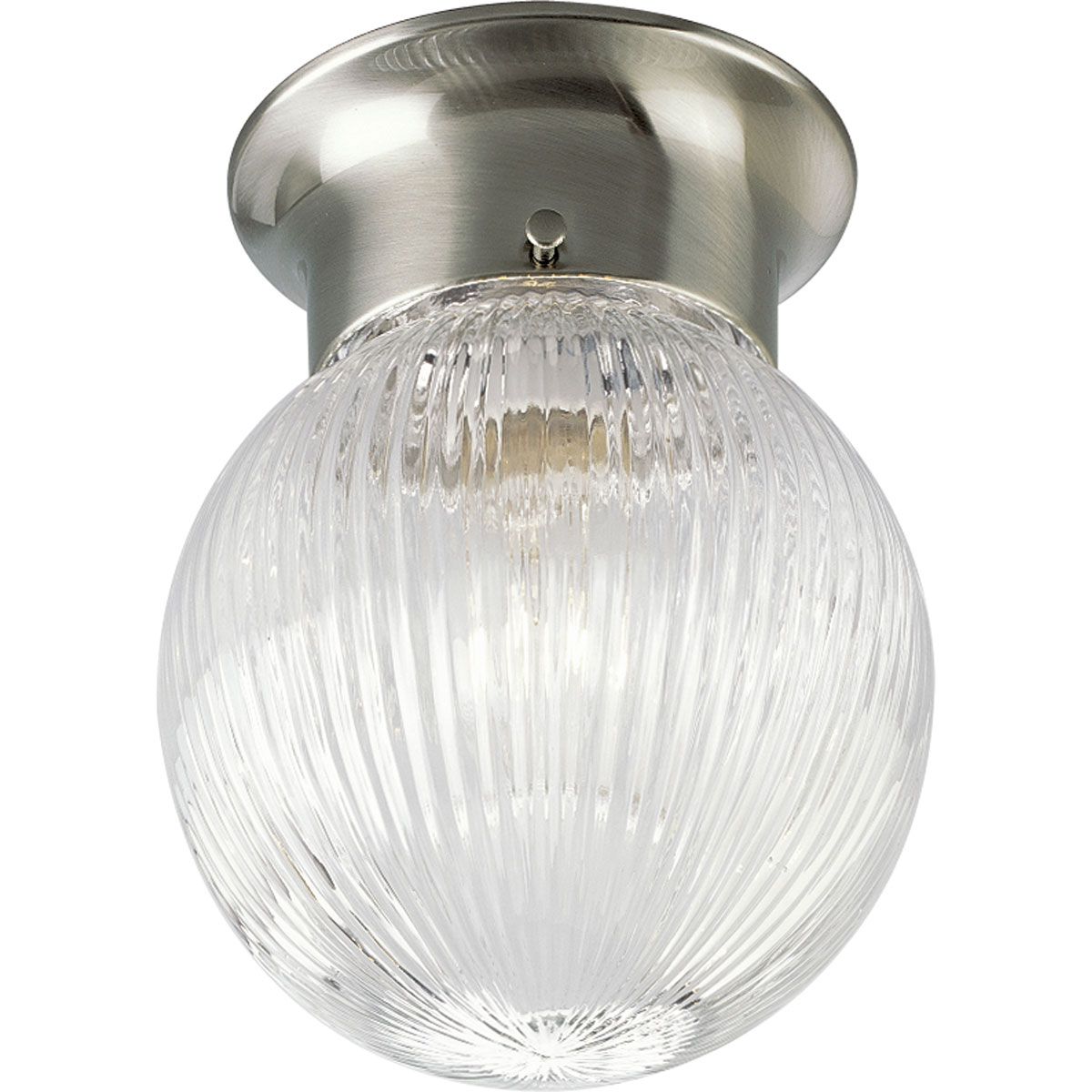 One-light close to ceiling fixture with clear ribbed glass globe. KO for pull chain switch. Three installed fitter screws retain the glass globe. Brushed Nickel finish.