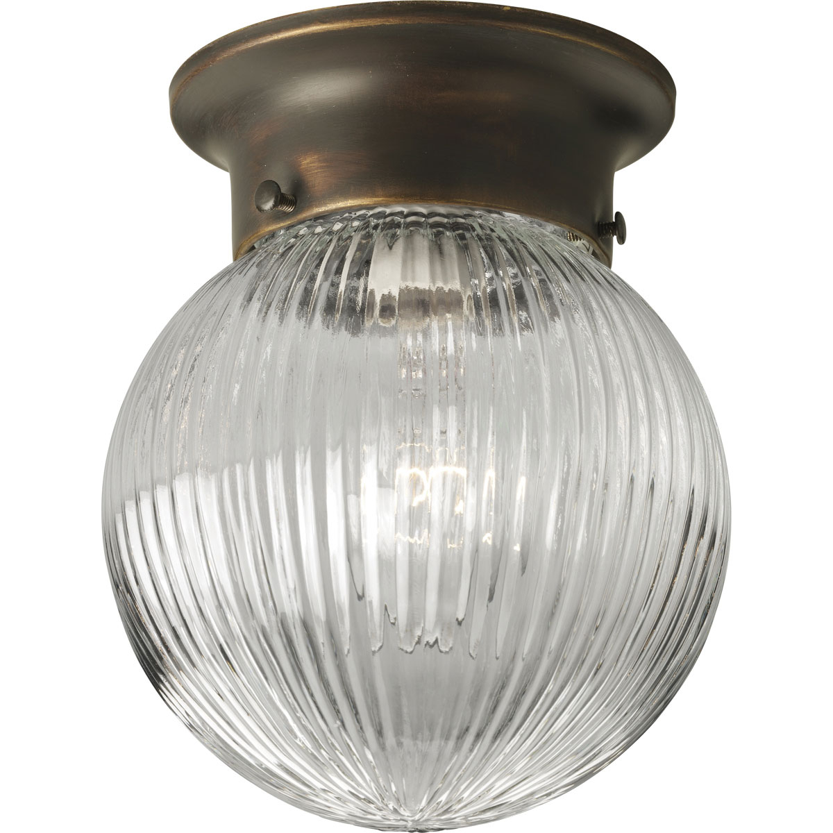 One-light close to ceiling fixture with clear ribbed glass globe. KO for pull chain switch. Three installed fitter screws retain the glass globe. Antique Bronze finish.
