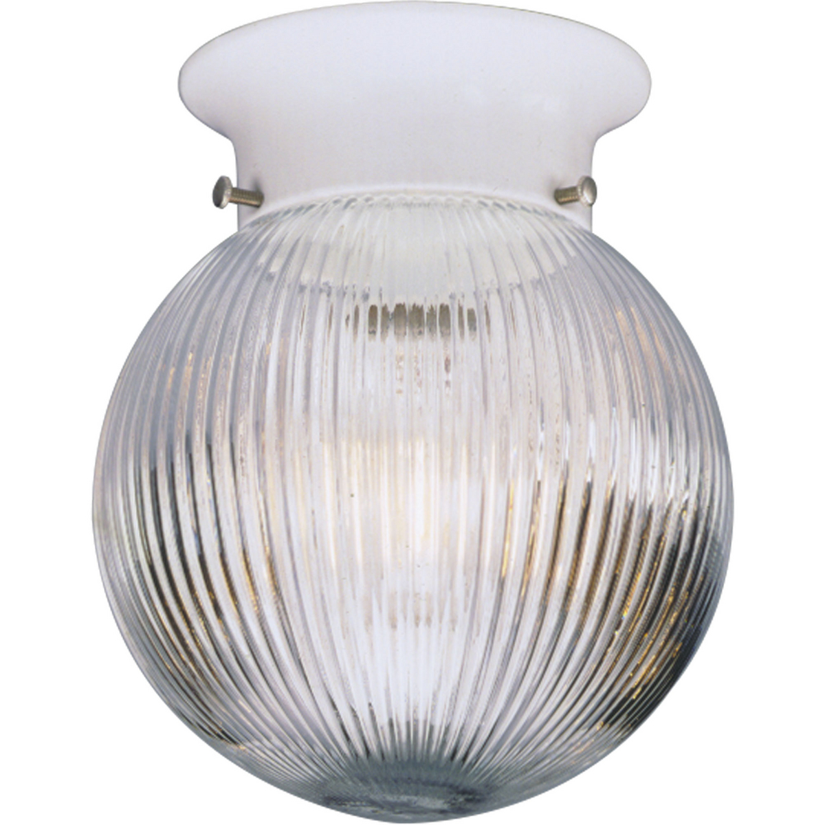 One-light close to ceiling fixture with clear ribbed glass globe. KO for pull chain switch. Three installed fitter screws retain the glass globe. White finish.