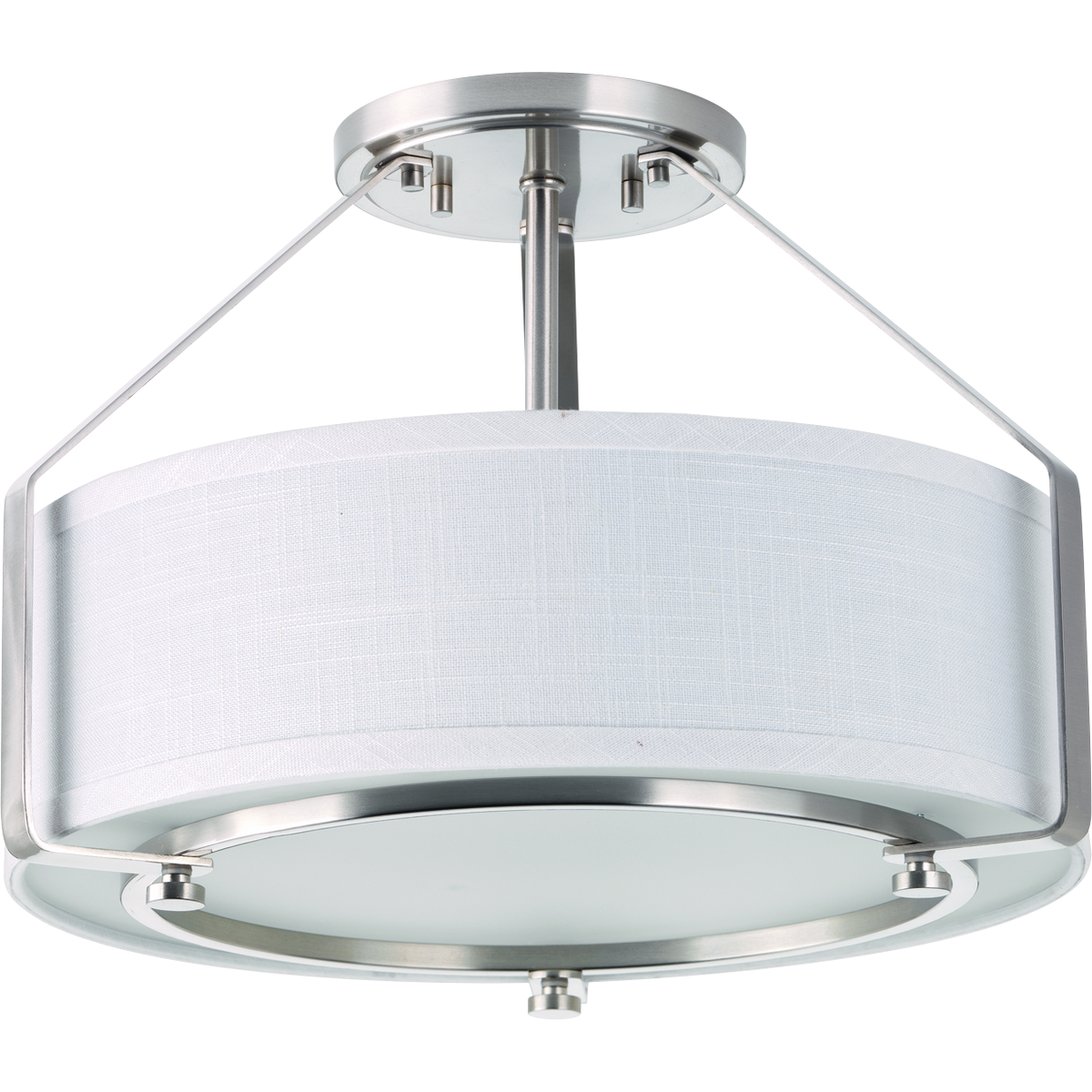 The three-light semi-flush offers a sleek metal frame that supports a low-slung shade to create Ratio�s casual modern style. The frame�s proportion to the white linen drum shade evokes a perfect ratio for lighting. Includes a polished glass exterior, etched glass interior diffuser that offers an elegant appeal and is easier to clean � offering both fashion and function. This fixture can be mounted as a semi-flush or used as a hanging pendant for a wide variety of applications. Brushed Nickel finish.