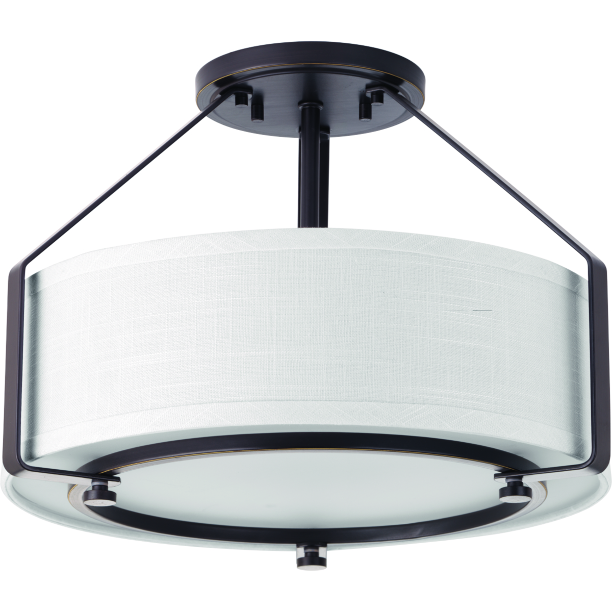 The three-light semi-flush offers a sleek metal frame that supports a low-slung shade to create Ratio�s casual modern style. The frame�s proportion to the white linen drum shade evokes a perfect ratio for lighting. Includes a polished glass exterior, etched glass interior diffuser that offers an elegant appeal and is easier to clean � offering both fashion and function. This fixture can be mounted as a semi-flush or used as a hanging pendant for a wide variety of applications. Antique Bronze finish.