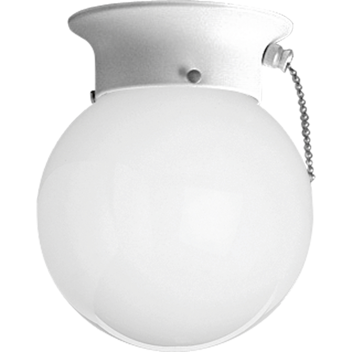 Flush mount ceiling fixture with white glass globe and pull chain. Pull chain switch included. Globe held in place with three thumb screws.