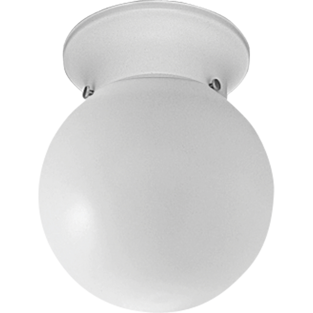 Flush mount ceiling fixture with white glass globe. K.O for pull chain switch. Globe held in place with three thumb screws.