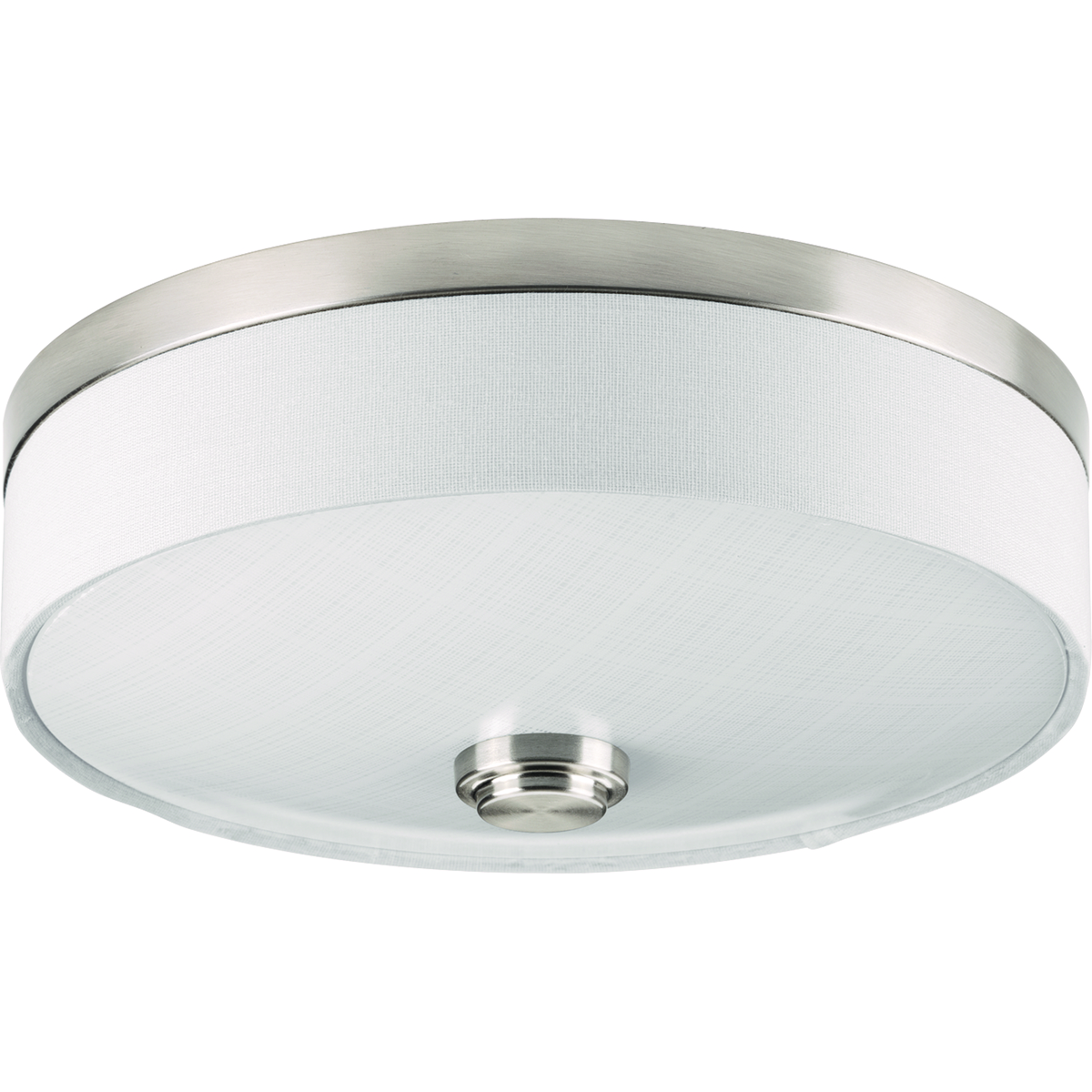 One-light LED flush mount combines a linen drum shade with a linen glass diffuser. 120V AC replaceable LED module, 1,211 Lumens 71.2 lumens/watt per module (source), 3000K color temperature and 90+ CRI.