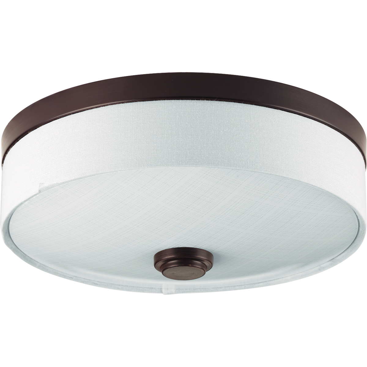 One-light LED flush mount combines a linen drum shade with a linen glass diffuser. 120V AC replaceable LED module, 1,211 lumens 71.2 lumens/watt per module (source). 3000K color temperature and 90+ CRI.