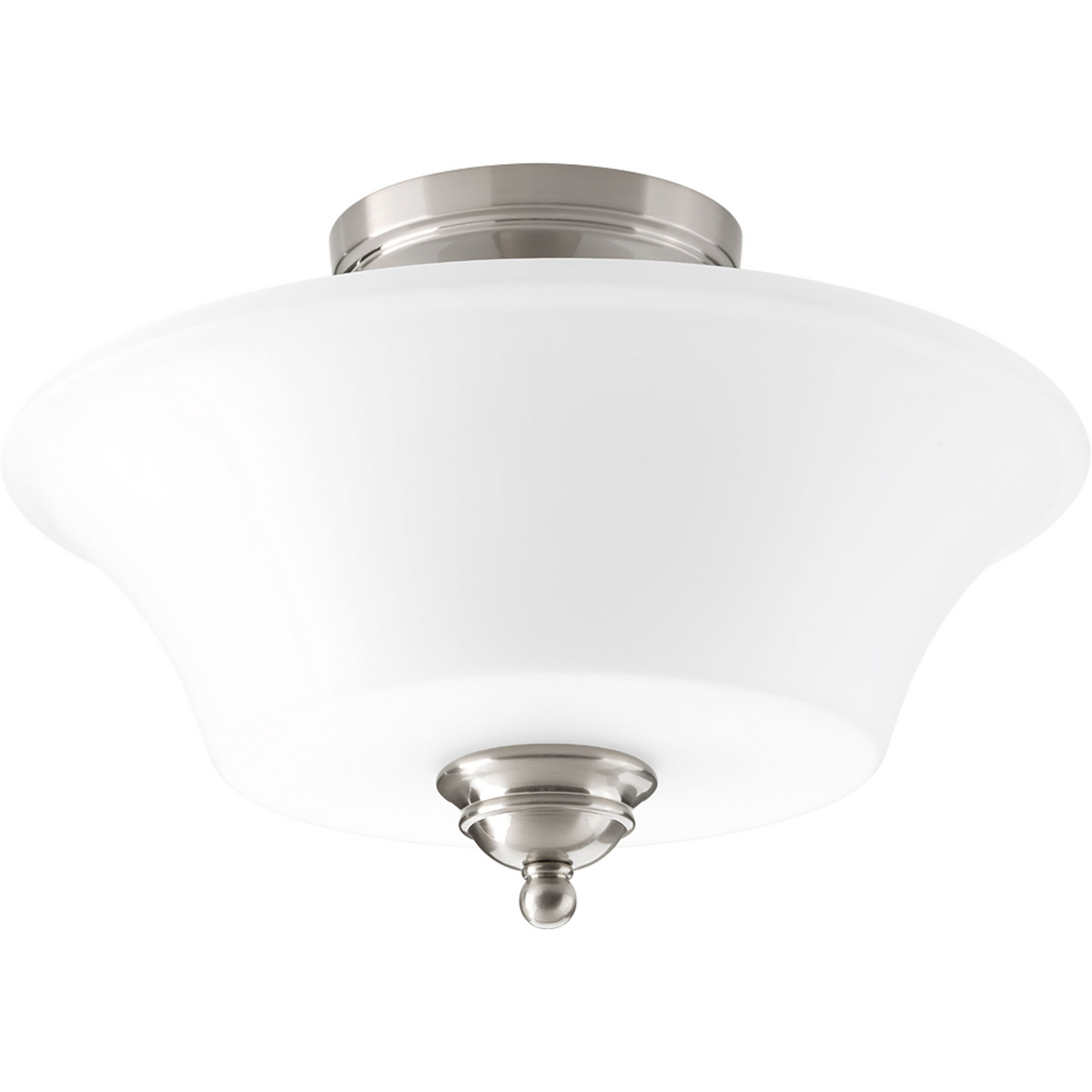 Two-light flush mount from the Applause is a fine and handsome collection that features etched parchment glass. Applause is comprised of traditional iron forms in an brushed nickel finish.