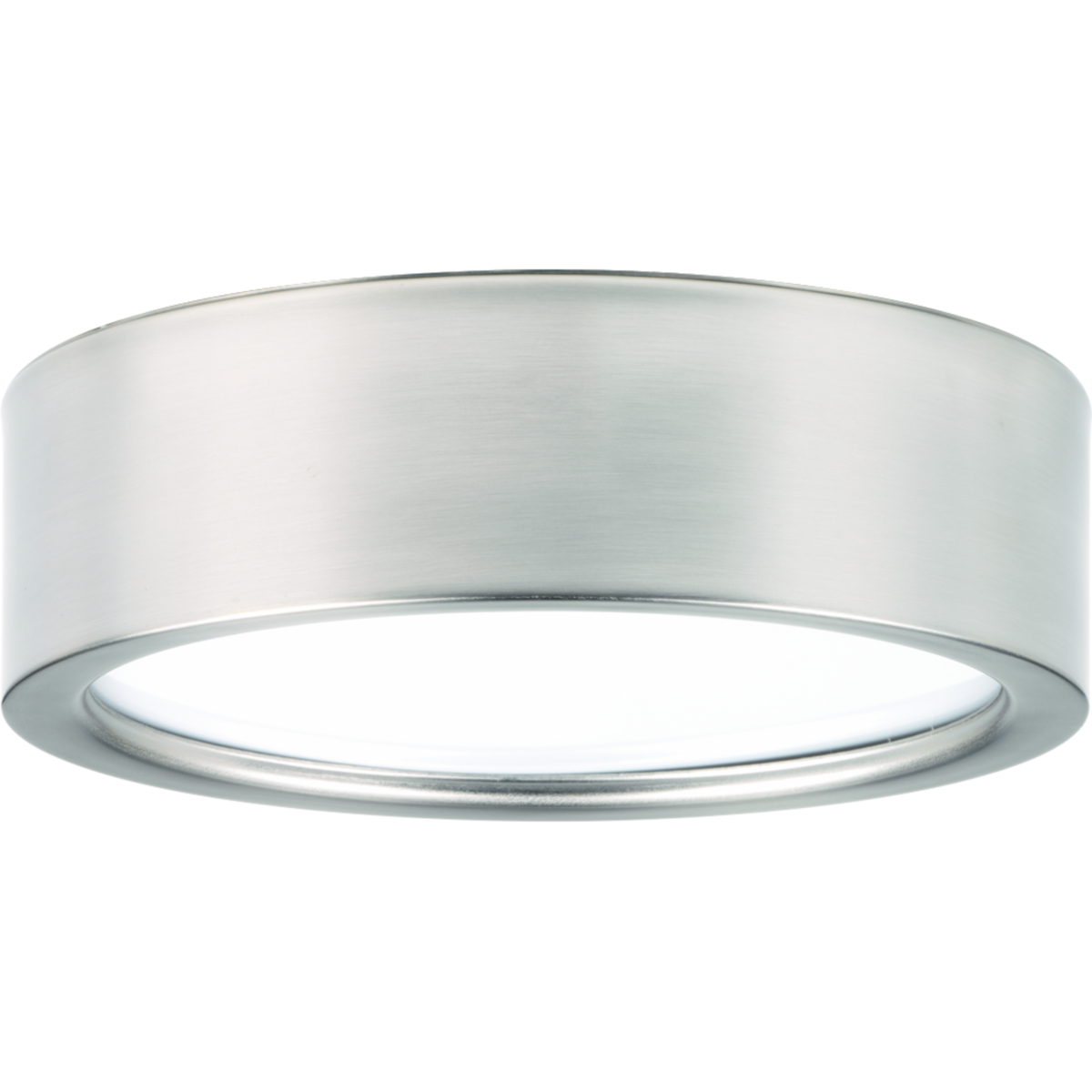 Industrial style LED flush mount adorned with industrial-inspired accents and white acrylic diffuser. One-light 17W LED 3000K, 90+ CRI in a Brushed Nickel finish.