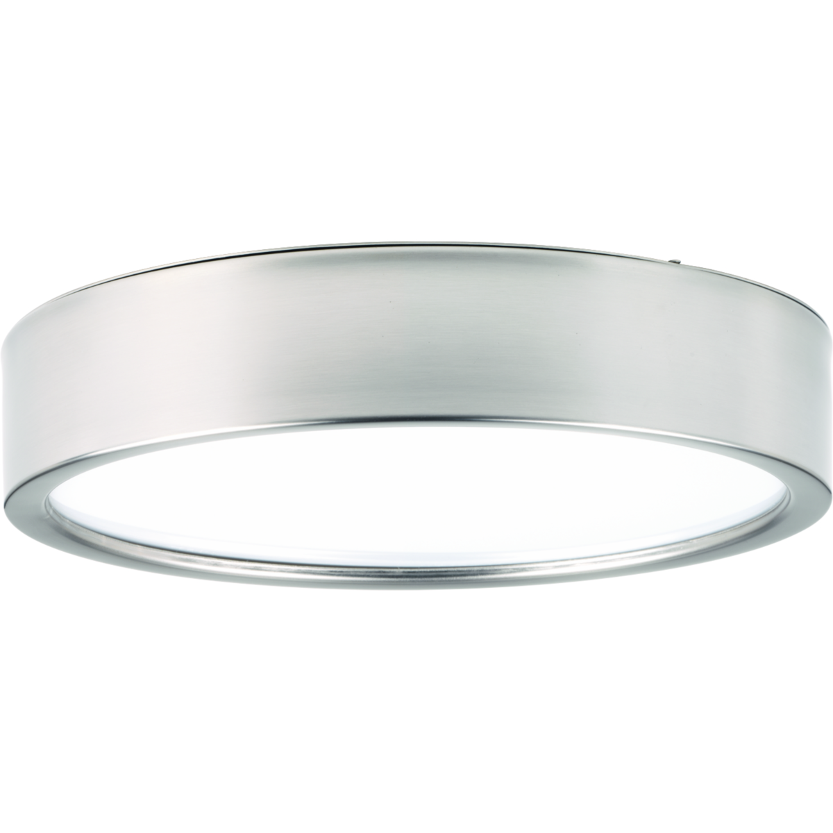 Industrial style LED flush mount adorned with industrial-inspired accents and white acrylic diffuser. One-light 29W LED 3000K, 90+ CRI in a Brushed Nickel finish.