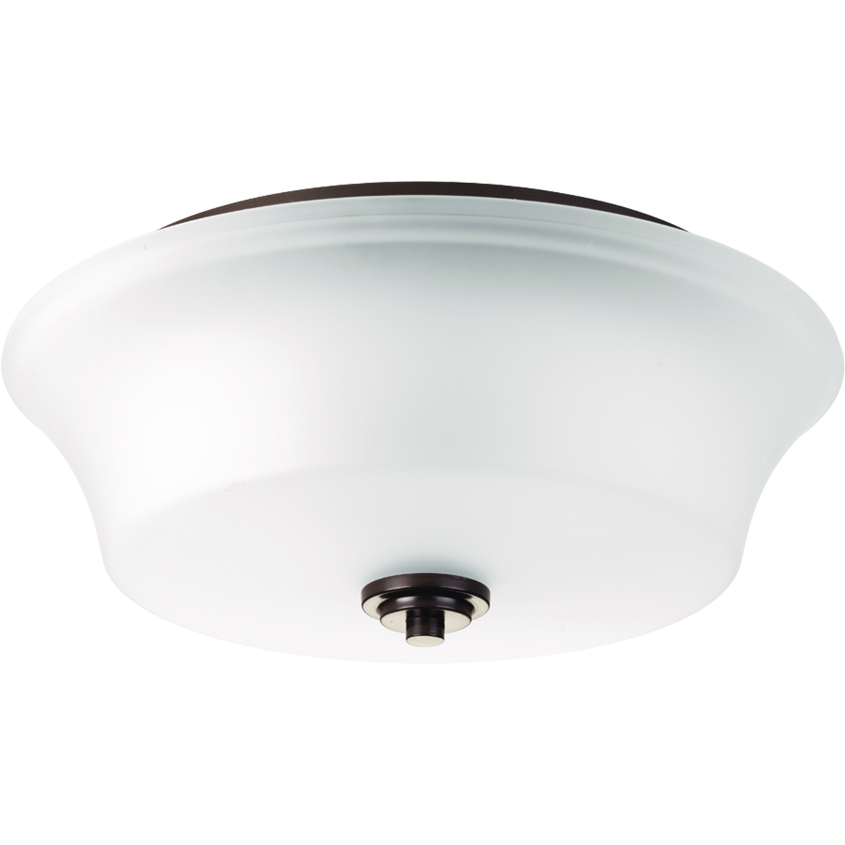 Two-light flush mount with smooth forms and etched glass that produce a beautiful, modern gas light effect. Antique Bronze finish.