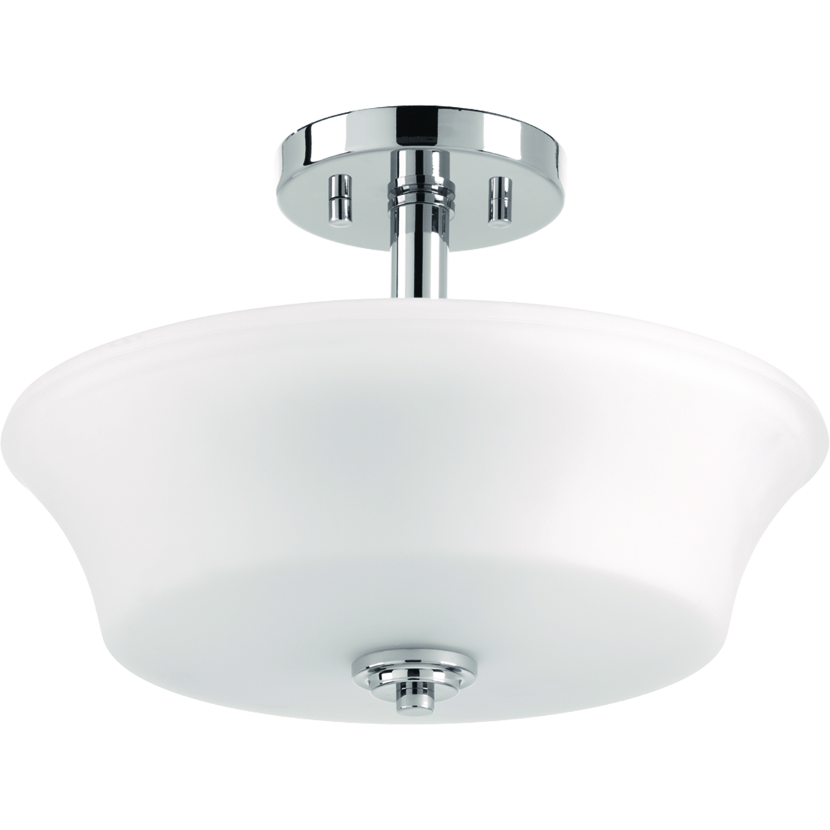 Two-light semi-flush convertible with smooth forms and etched glass that produce a beautiful, modern gas light effect. Can be mounted as a semi-flush or as a hanging fixture. Polished Chrome finish.
