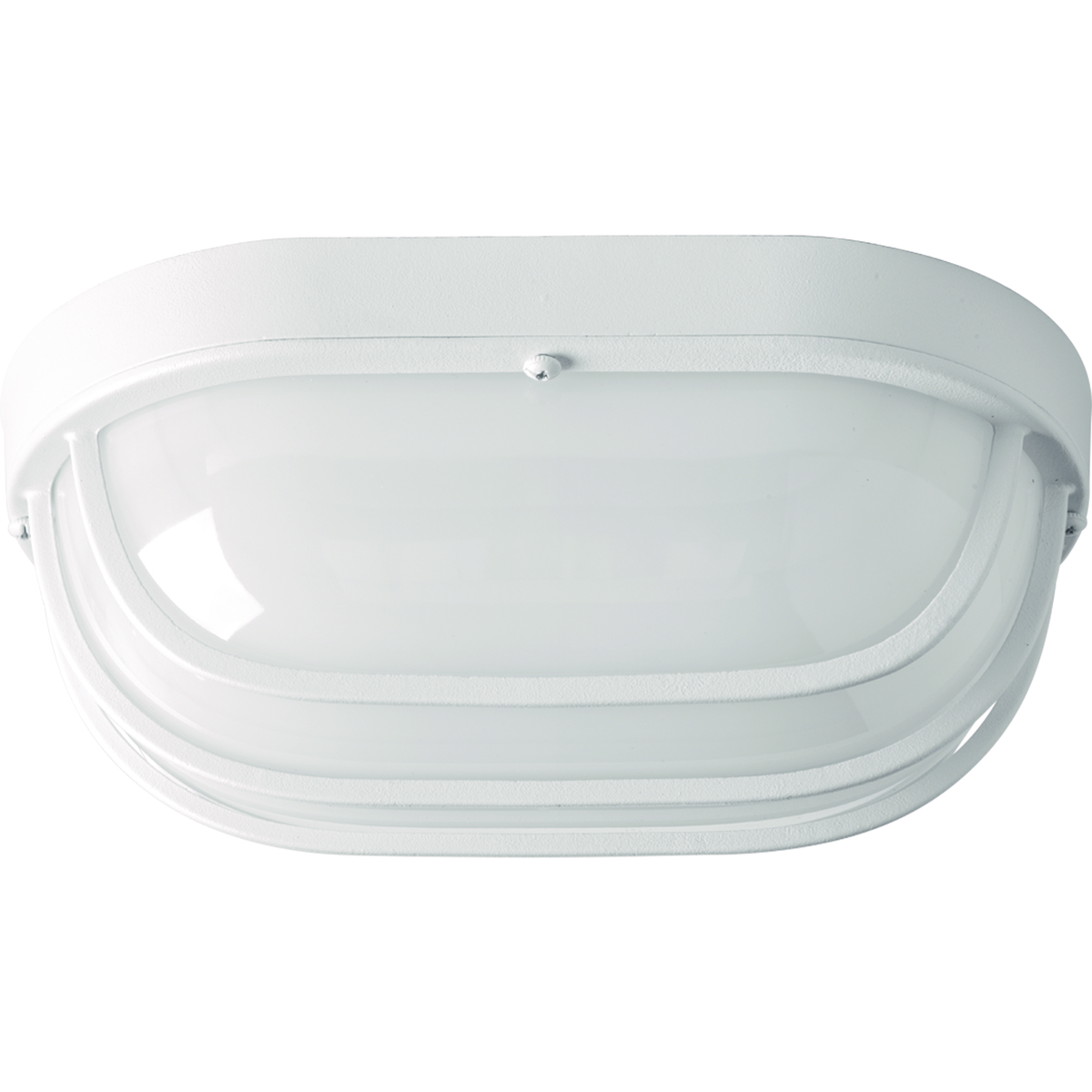 One-Light 10-1/2 in LED Wall or Ceiling Bulkhead. General purpose LED luminaire comprised of a die-cast aluminum frame and polycarbonate diffuser. Fixtures are impact resistant and can be mounted on wall or ceiling. Replaceable LED module. White finish.