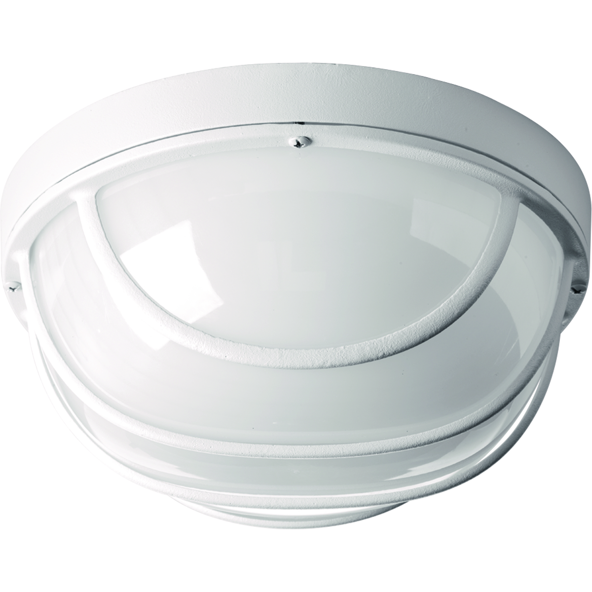 One-Light 9-1/2 in LED Wall or Ceiling Bulkhead. General purpose LED luminaire comprised of a die-cast aluminum frame and polycarbonate diffuser with cage design. Fixtures are impact resistant and can be mounted on wall or ceiling. Replaceable LED module. White finish.