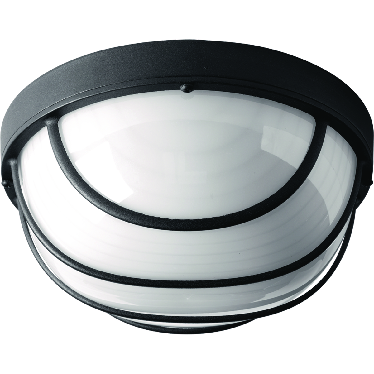 One-Light 9-1/2 in LED Wall or Ceiling Bulkhead. General purpose LED luminaire comprised of a die-cast aluminum frame and polycarbonate diffuser with cage design. Fixtures are impact resistant and can be mounted on wall or ceiling. Replaceable LED module. Black finish.
