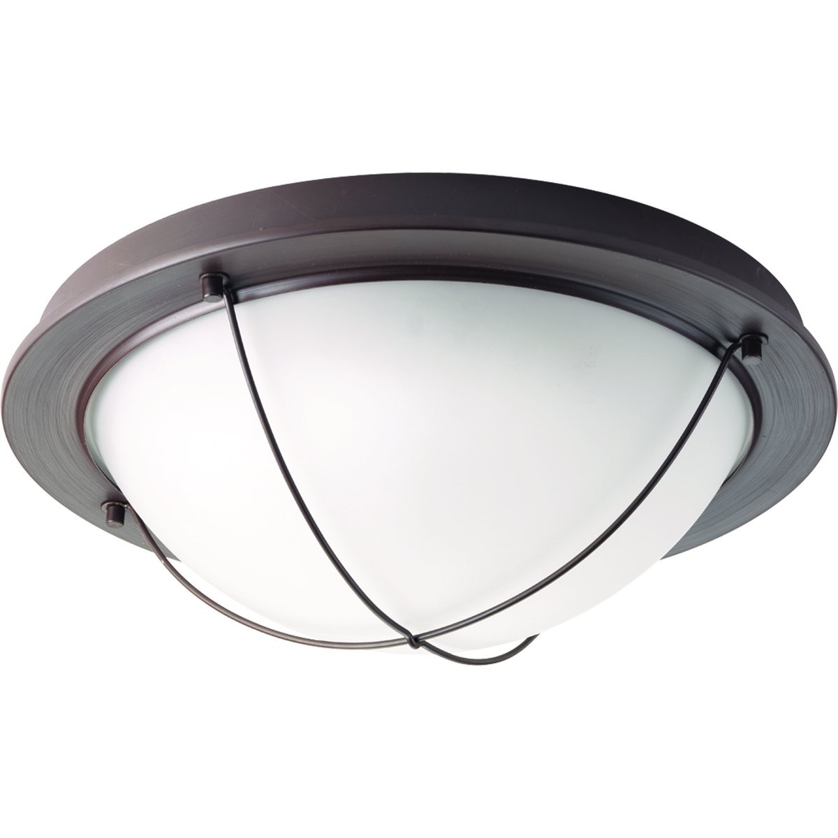One light 14 inch LED flush mount adorned with industrial-inspired accents and etched glass. Antique Bronze finish.