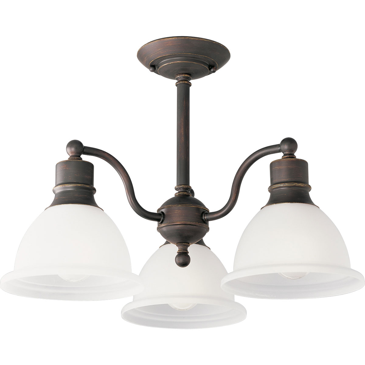 The Madison collection features etched glass with transitional elements. Simplified vintage style. Three-light 20-3/4 in semi-flush close-to-ceiling fixture. Antique Bronze finish.