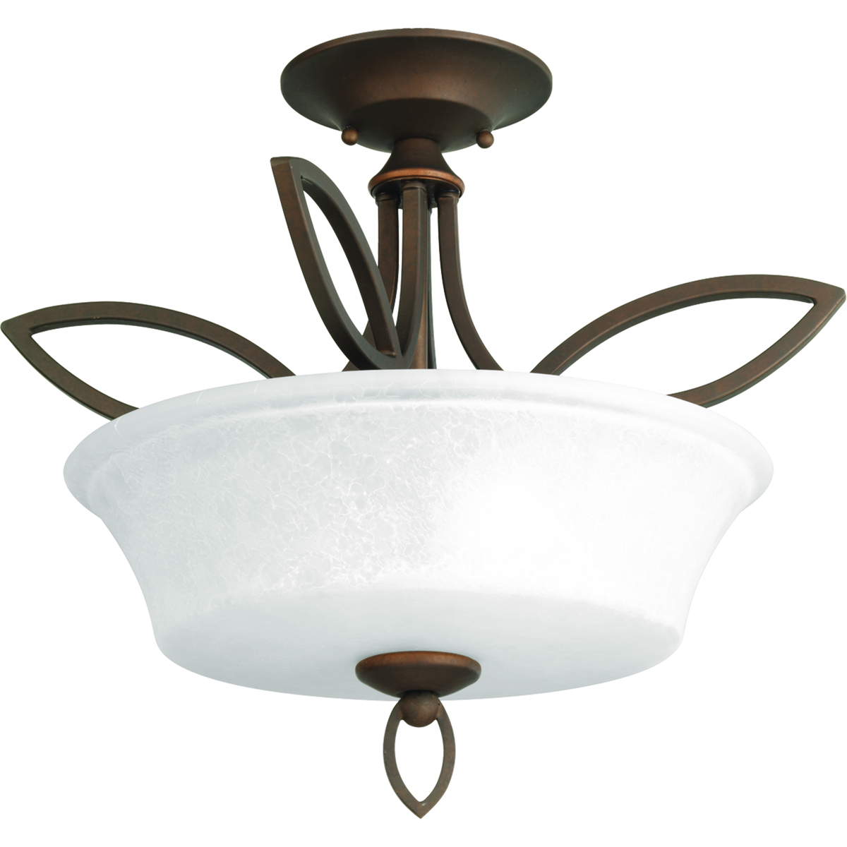 An example of genuine craftsmanship, Monogram two-light semi-flush makes its mark with modern, yet simple, scrolling forms. A watermark finish creates rich depth on the glass diffusers supported by the elegant bronze finish frame.