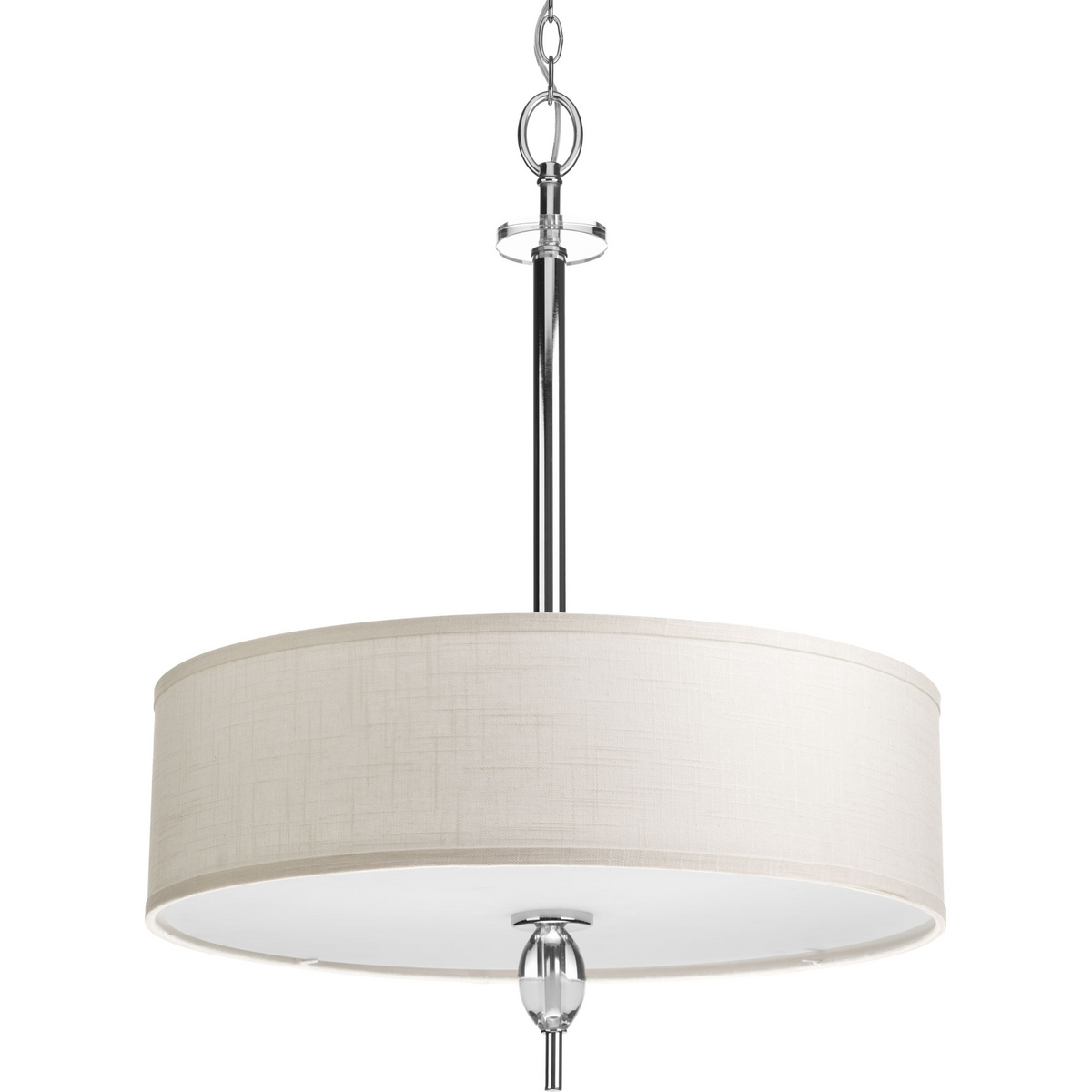 Enjoy high status with a collection full of fun, femininity, glimmer and glean. Status can excite the room as K9 glass accents offer a crystal-like clarity. Off-White fabric shade is matched perfectly with the polished chrome finish completing the four-light pendant with a sophisticated look.