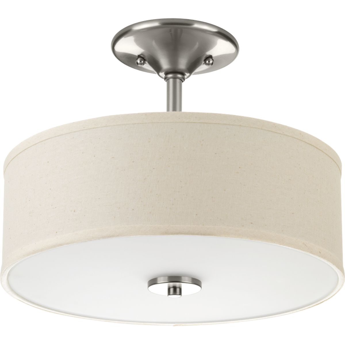 Harkening back to a simpler time, the Inspire Collection freshens traditional forms with flowing lines. The one-light Brushed Nickel LED semi-flush mount Inspire features an etched glass diffuser with an off-white linen shade.