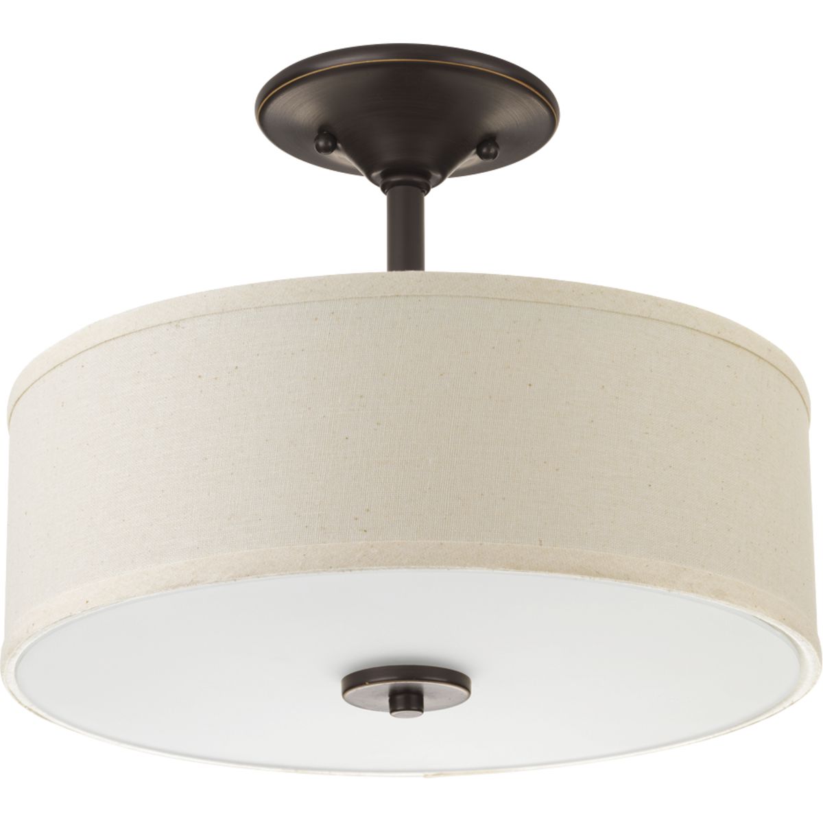 Harkening back to a simpler time, the Inspire Collection freshens traditional forms with flowing lines. The one-light Antique Bronze LED semi-flush mount Inspire features an etched glass diffuser with an off-white linen shade.