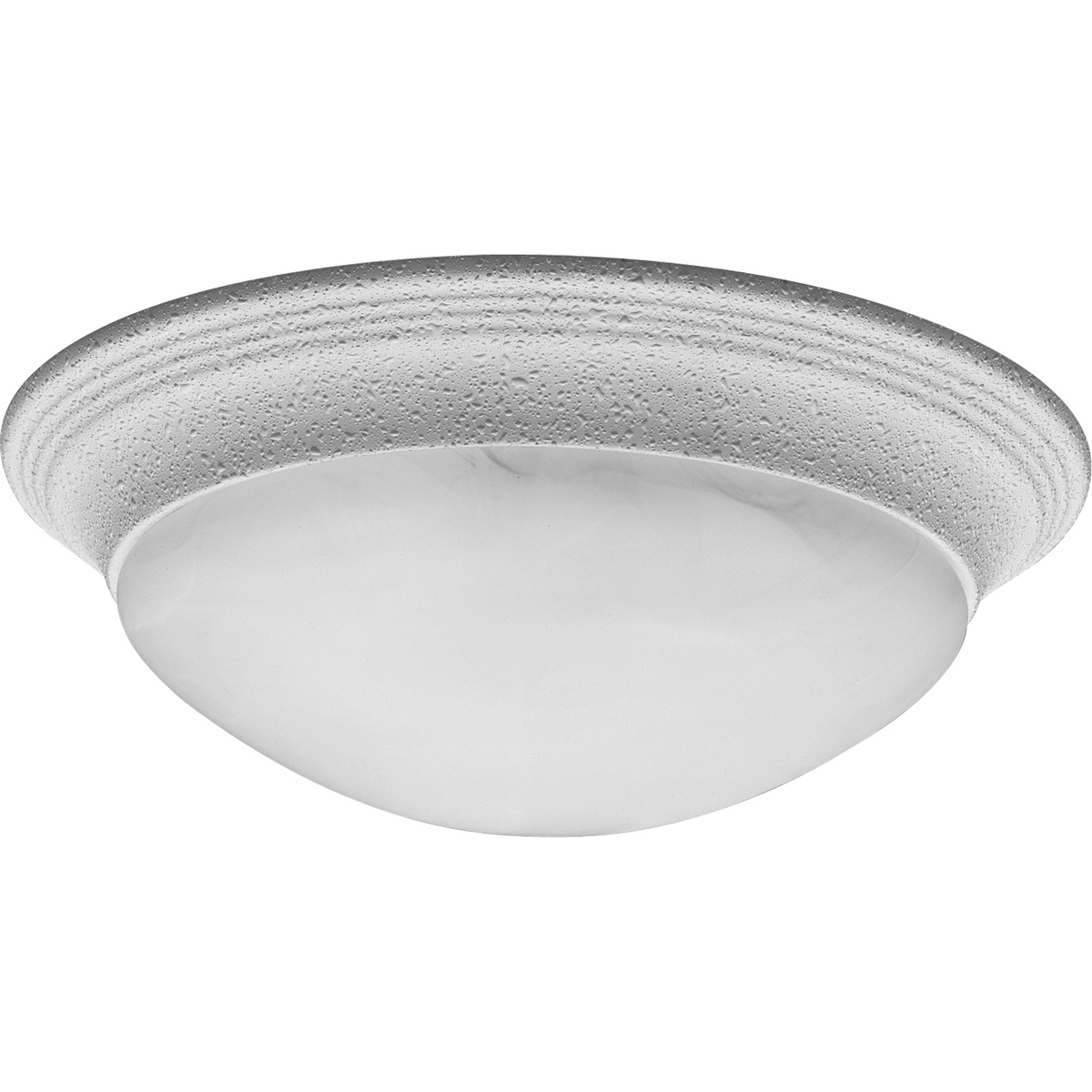 Two-light 14 inch close-to-ceiling fixture with etched alabaster style glass bowl and White finish. Twist on glass for easy relamping. This fixture is perfect for bedrooms, closets, pantries, hallways and many other areas of the home. The simple styling coordinates with many different looks throughout the home.