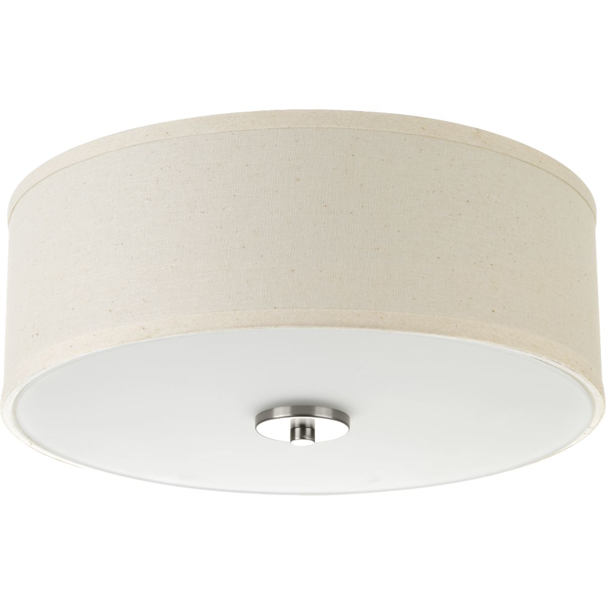 Harkening back to a simpler time, the Inspire Collection freshens traditional forms with flowing lines. The one-light Brushed Nickel LED flush mount Inspire features an etched glass diffuser with an off-white linen shade.