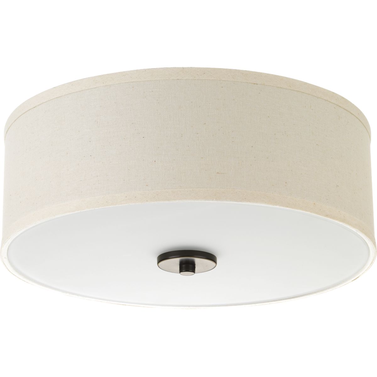 Harkening back to a simpler time, the Inspire Collection freshens traditional forms with flowing lines. The one-light Antique Bronze LED flush mount Inspire features an etched glass diffuser with an off-white linen shade.