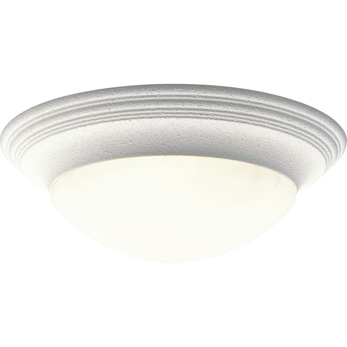 Three-light 16-5/8 inch close-to-ceiling fixture with etched alabaster style glass bowl and White finish. Twist on glass for easy relamping. This fixture is perfect for bedrooms, closets, pantries, hallways and many other areas of the home. The simple styling coordinates with many different looks throughout the home.