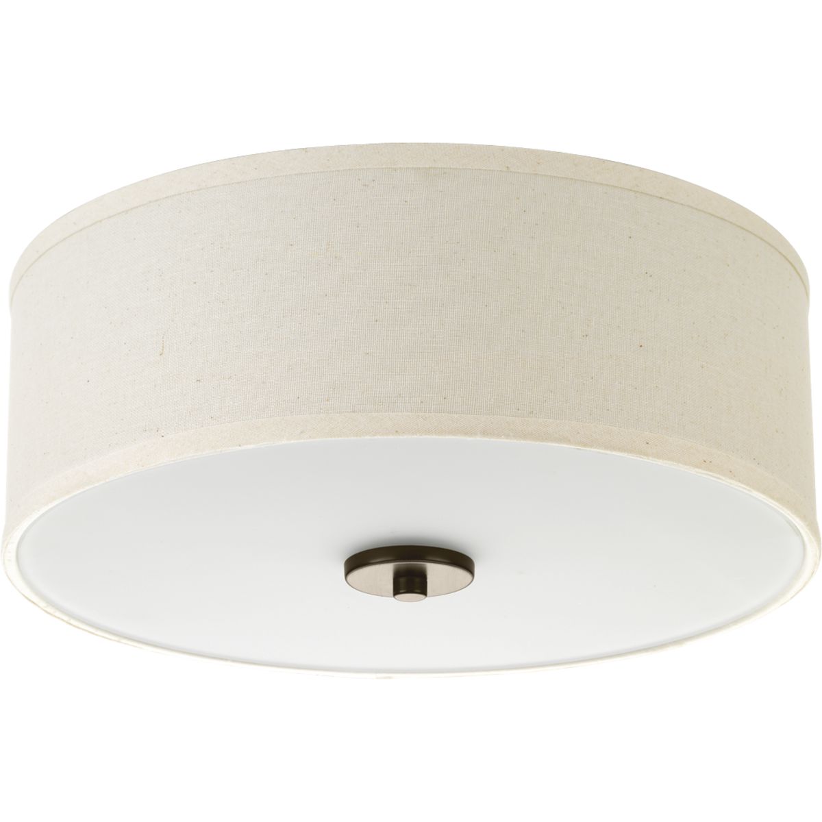 Harkening back to a simpler time, the Inspire Collection freshens traditional forms with flowing lines. The two-light Antique Bronze flush mount Inspire features an etched glass diffuser with an off-white linen shade.