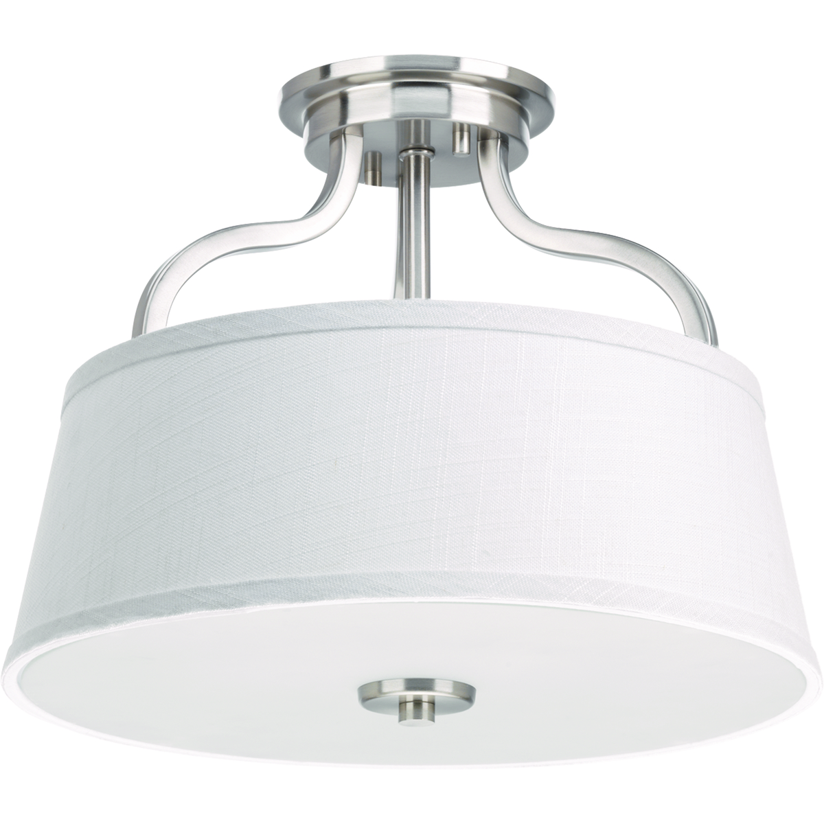 The two-light semi-flush convertible fixture from the Arden collection offers a comfortable silhouette that is both rustic and modern. The summer linen shades with etched glass diffuser coordinates with many other Progress Lighting styles like Cherish. This fixture can be mounted as a semi-flush or chain hung. This transitional style fixture is finished in Brushed Nickel.