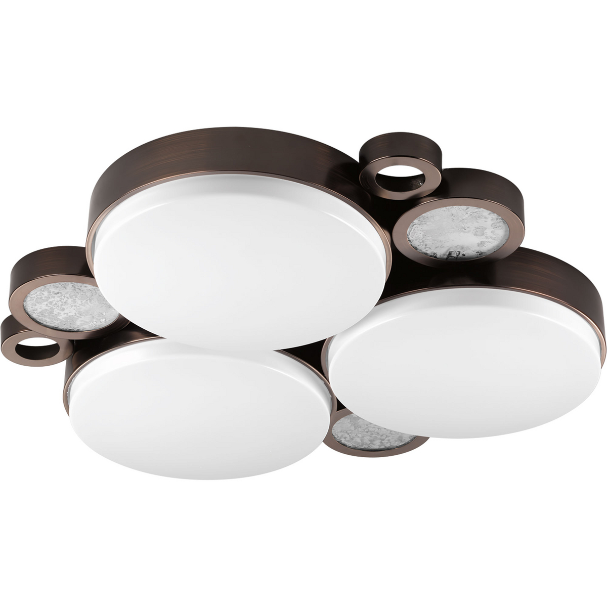 Three-light LED wall or ceiling mount fixture with distressed mirror surface accents. The LED modules are diffused by white acrylic disks. 3000K, 90+ CRI, 1,211 lumens 71.2 lumens/watt per module (source). Venetian Bronze finish.