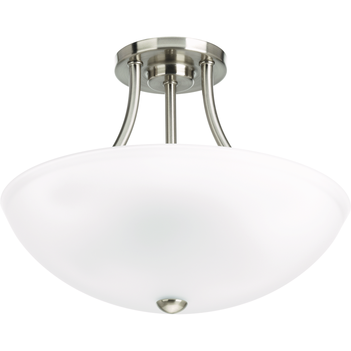 Two-light semi-flush/convertible from Gather possesses a smart simplicity to complement today's home. Brushed Nickel metal arms descend downwards and curve sharply to prop white etched glass shades. Etched glass add distinction and provide pleasing illumination to your room. Coordinating fixtures from this collection let you decorate an entire home with confidence and style.