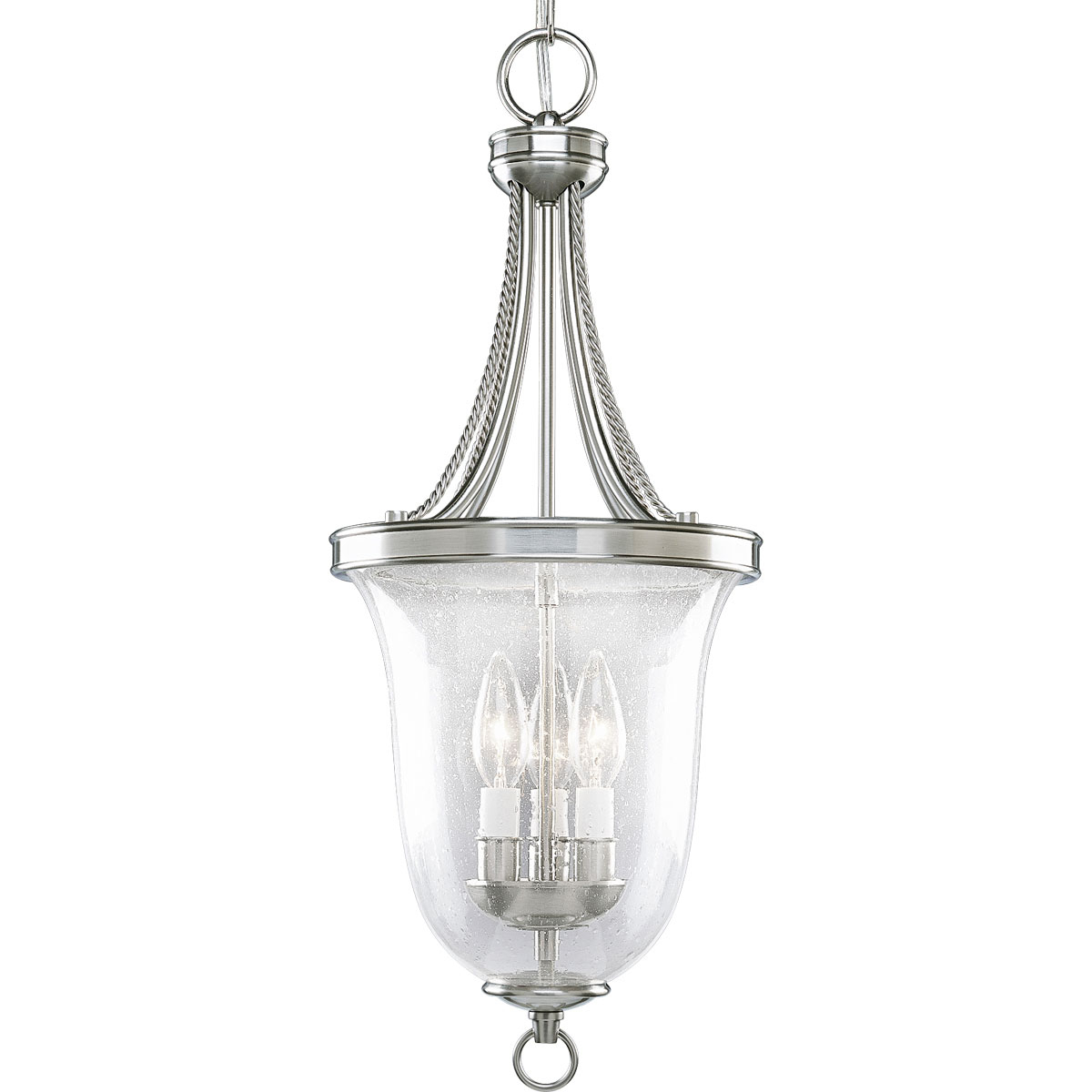Three-light foyer pendant with clear seeded glass, delicate rope detailing and candle cluster in bowl. Great for entry ways or kitchens. Brushed Nickel finish.