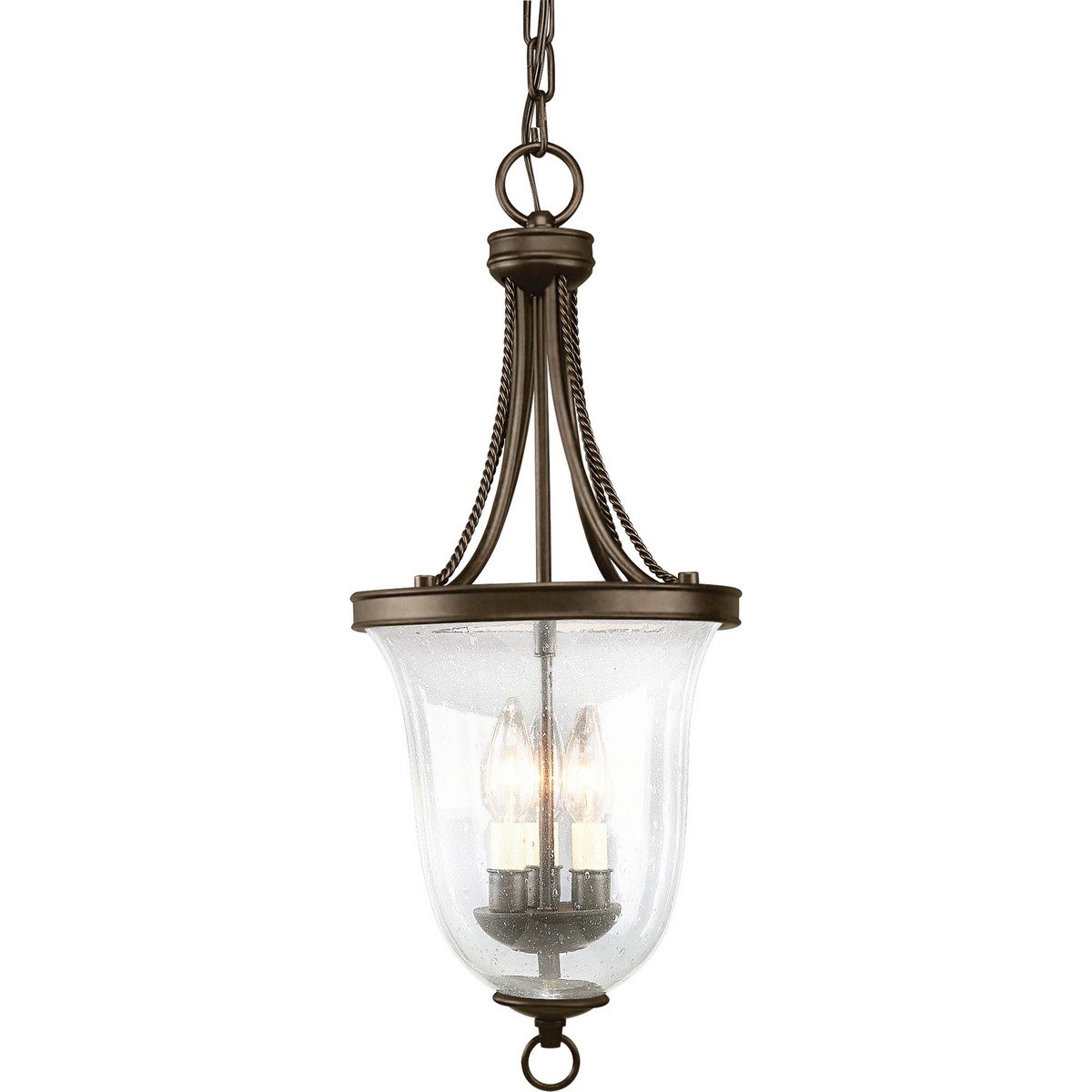 Three-light foyer pendant with clear seeded glass, delicate rope detailing and candle cluster in bowl. Great for entry ways or kitchens. Antique Bronze finish.