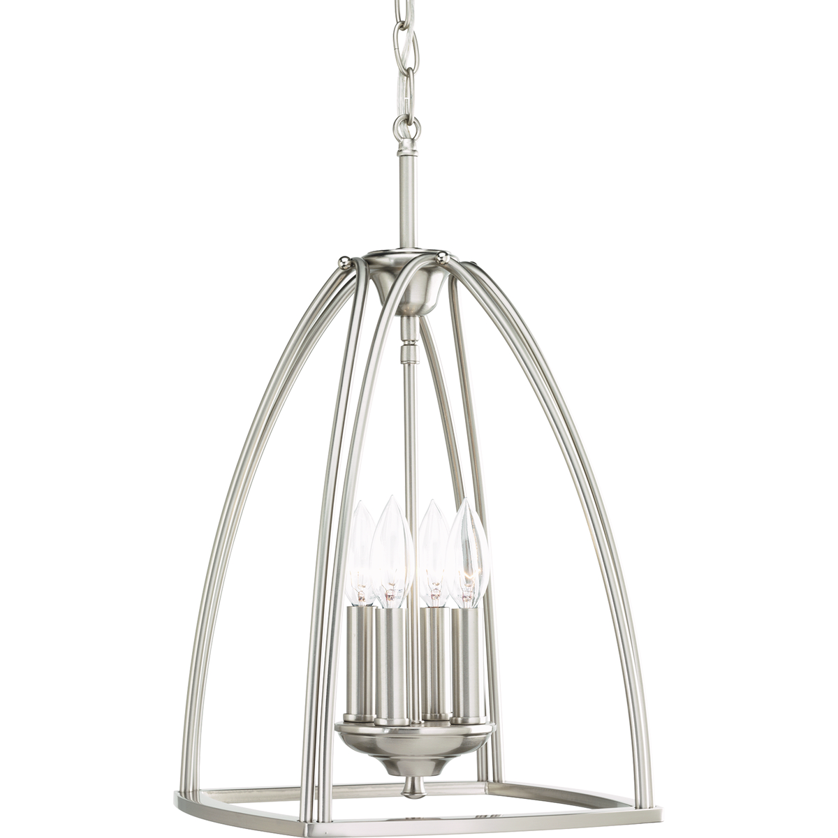 The four-light 11-7/8 in foyer in the Tally Collection embraces a simplified classic form that is updated with modern inspiration. The open foyer with the four-light cluster offer visual interest and enhance relaxed environments. This simple foyer goes with many styles and families in the Progress Lighting line. Brushed Nickel finish.