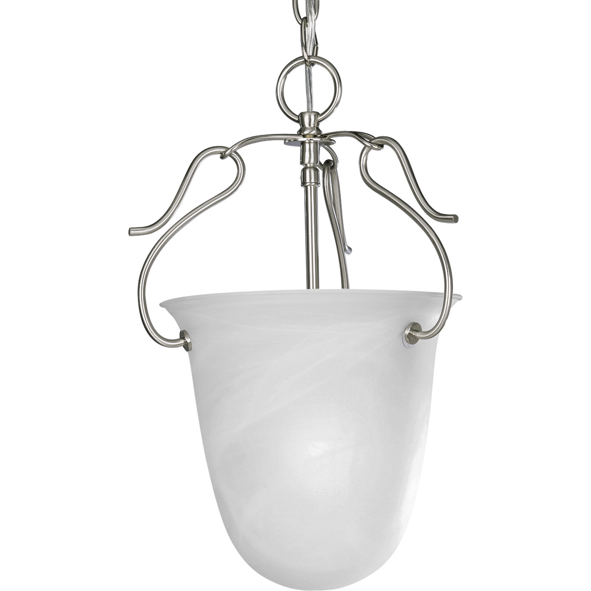 One-light foyer fixture with etched alabaster glass from the Bedford Collection features softly diffused alabaster glass shades on a finely crafted frame. Striking metallic finish adds richness and depth to the fixture. The style blends well with today's home fashion and provides the perfect accent to your decor. Chain & ceiling mounts both included.