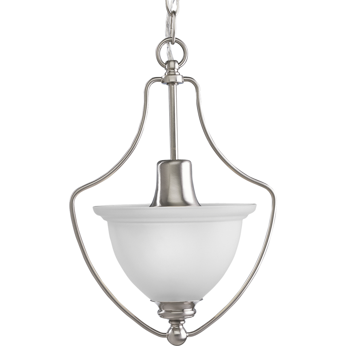The Madison collection features etched glass with transitional elements. Simplified vintage style. One-light foyer/convertible hanging combo fixture. Brushed Nickel finish.