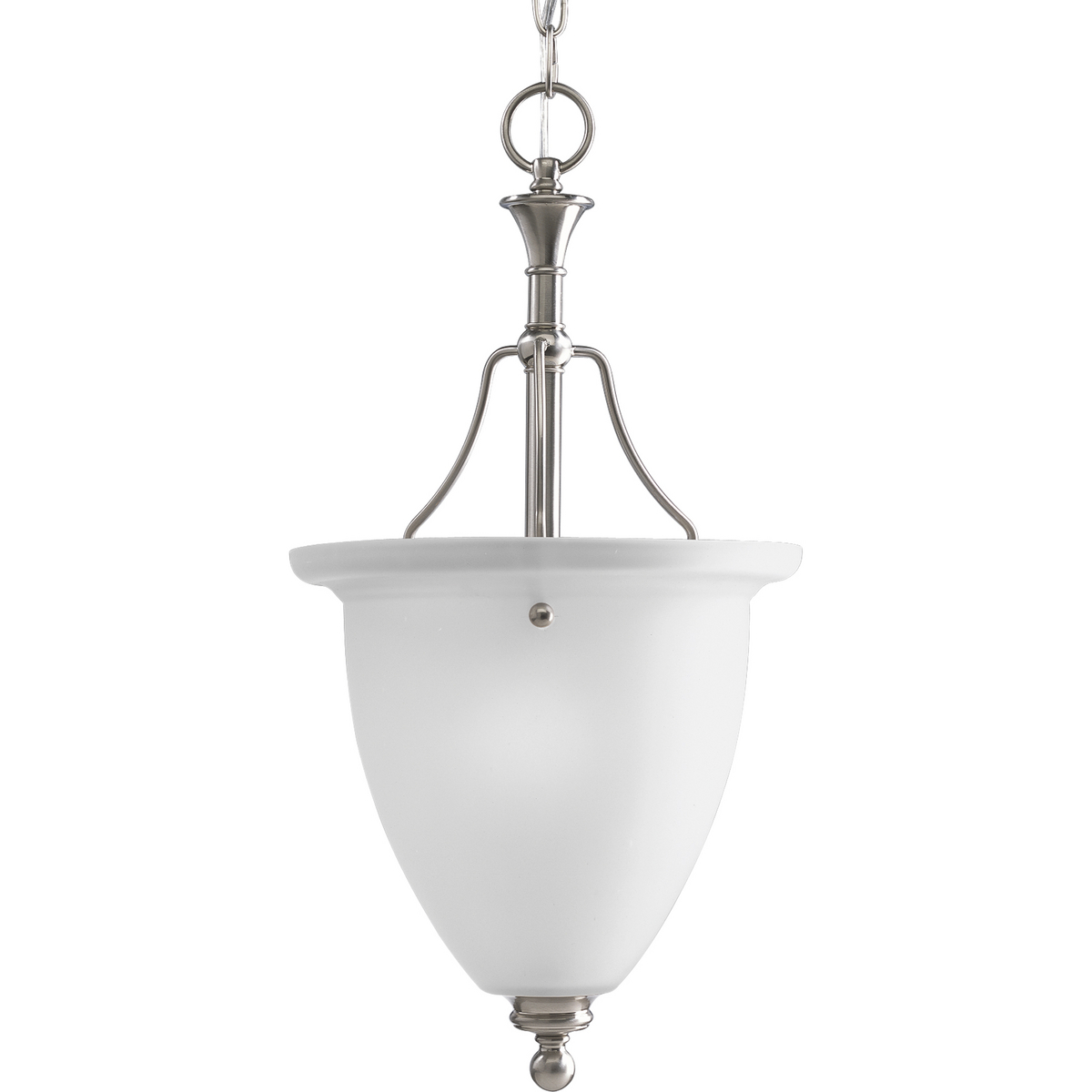 The Madison collection features etched glass with transitional elements. Simplified vintage style. One-light inverted pendant. Brushed Nickel finish.