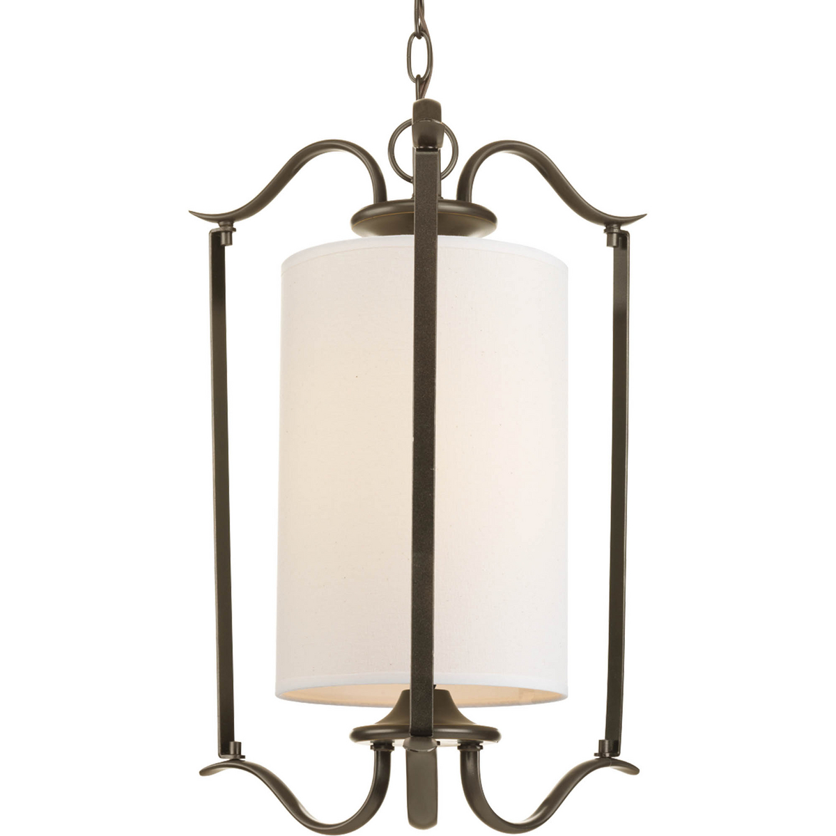 Harkening back to a simpler time, the Inspire Collection freshens traditional forms with flowing lines. Waving metal arms rush from the center to gracefully support off-white linen shades in this one-light large foyer fixture in Antique Bronze.