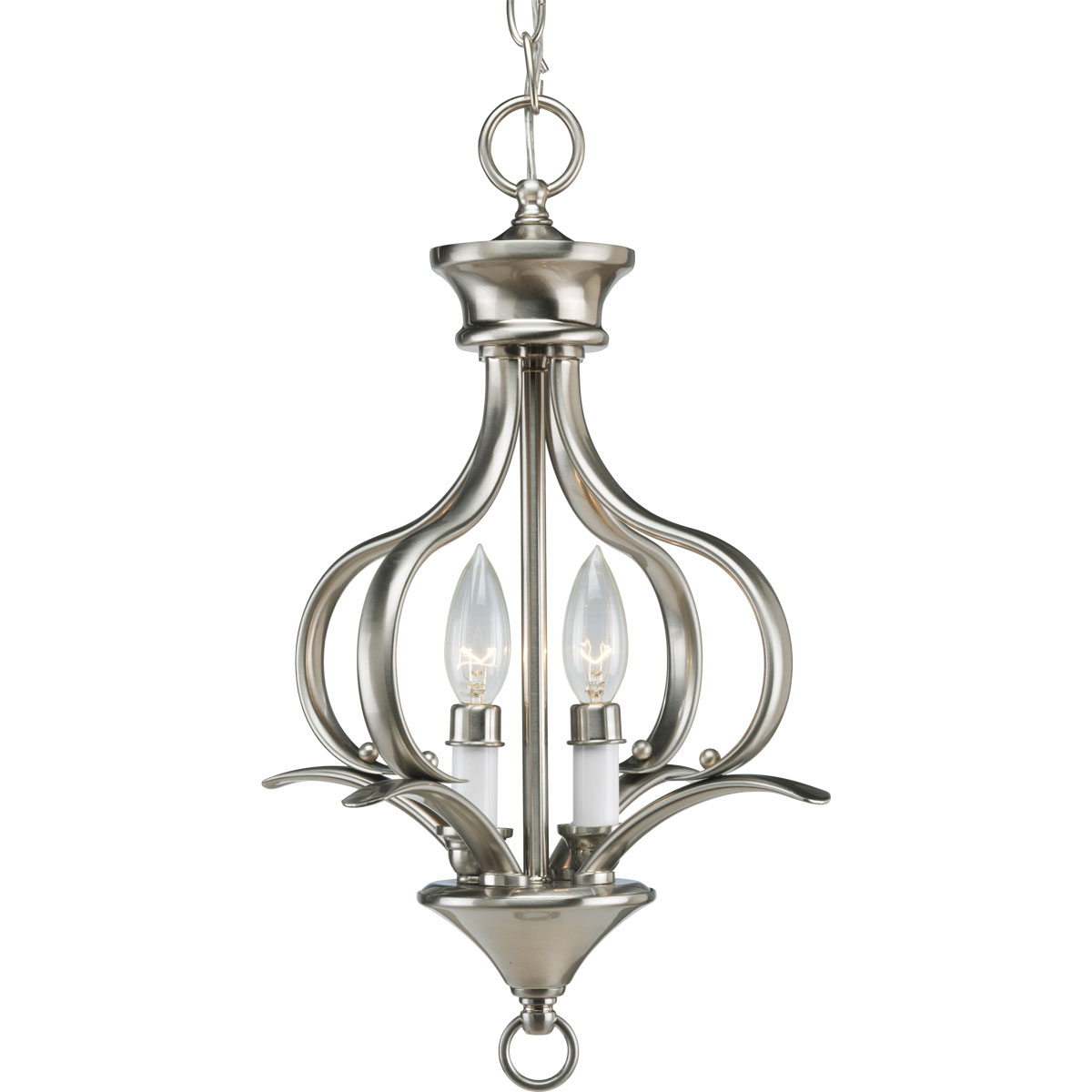 Two-light foyer fixture featuring soft angles, curving lines. Gracefully exotic, the Trinity Collection offers classic sophistication for transitional interiors. Sculptural forms of metal are enhanced by a classic finish. This transitional style can transform a room or your whole home with its charming versatility. Brushed Nickel finish.