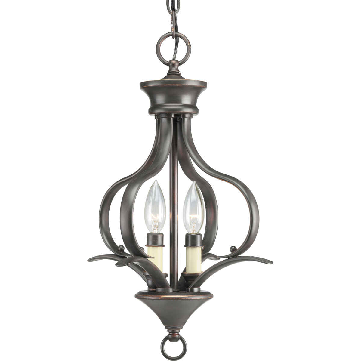 Two-light foyer fixture featuring soft angles, curving lines. Gracefully exotic, the Trinity Collection offers classic sophistication for transitional interiors. Sculptural forms of metal are enhanced by a classic finish. This transitional style can transform a room or your whole home with its charming versatility. Antique Bronze finish.