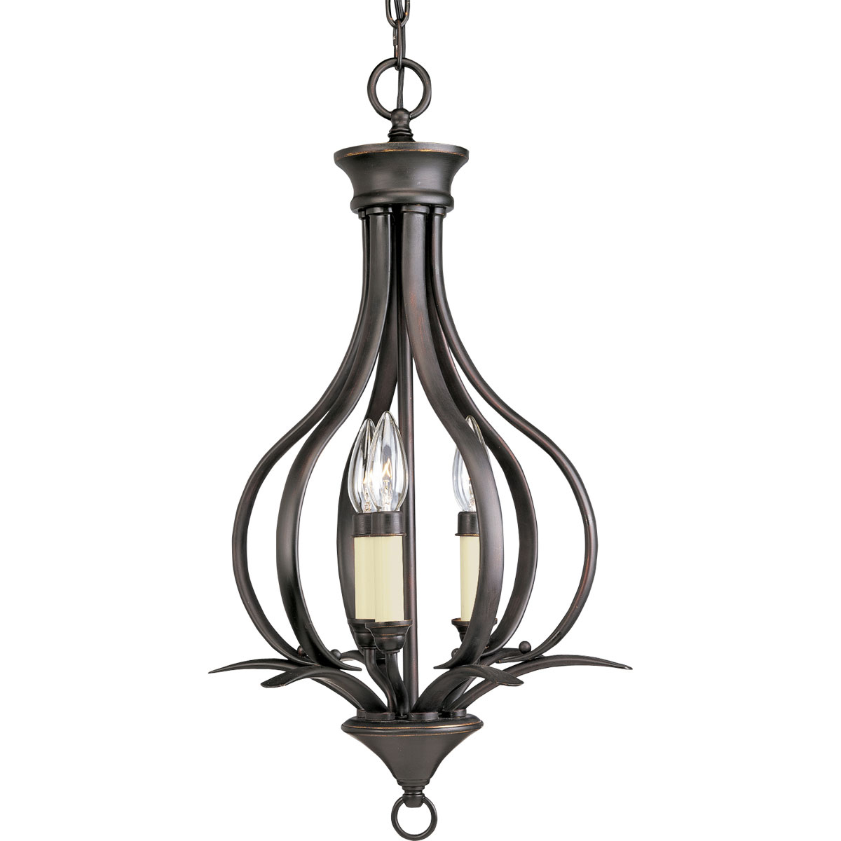 Three-light hall and foyer fixture featuring soft angles, curving lines. Gracefully exotic, the Trinity Collection offers classic sophistication for transitional interiors. Sculptural forms of metal are enhanced by a classic finish. This transitional style can transform a room or your whole home with its charming versatility. Antique Bronze finish.