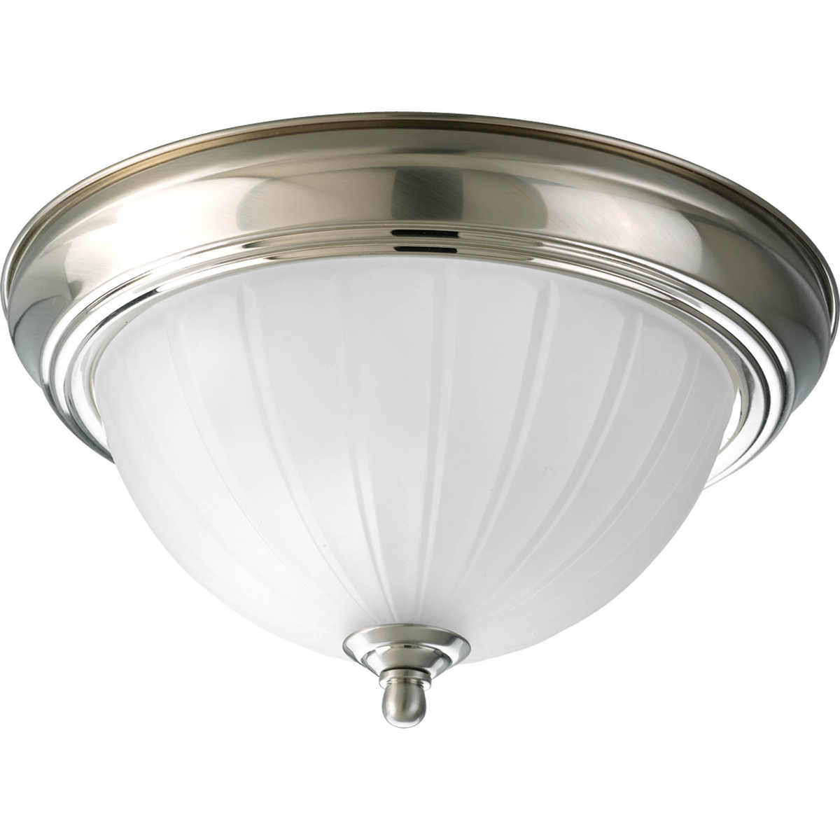 One-light close-to-ceiling with etched ribbed melon glass with center lock up in Brushed Nickel finish.