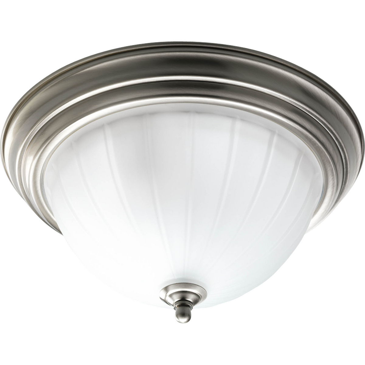 Two-light close-to-ceiling with etched ribbed melon glass with center lock up in Brushed Nickel finish.
