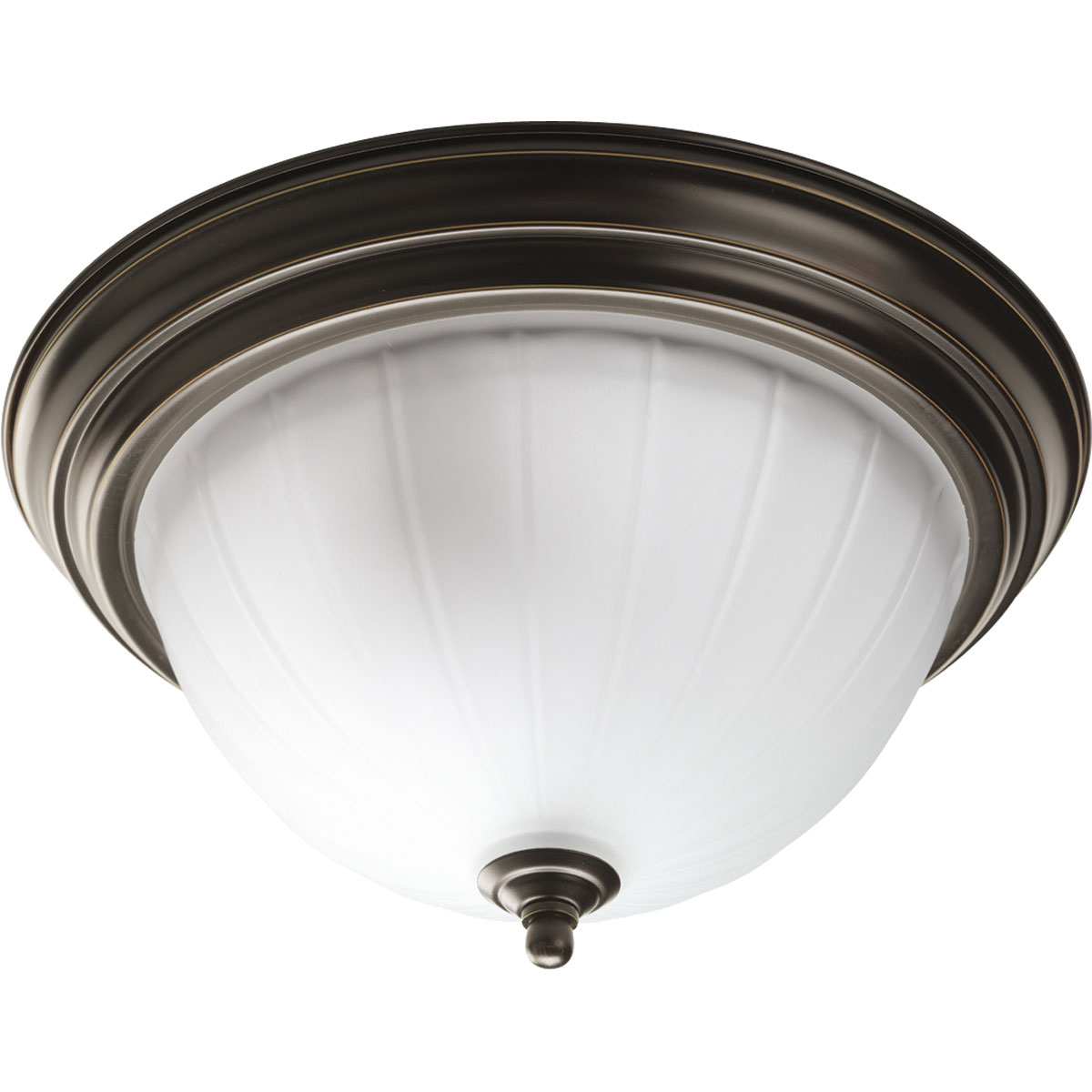 Two-light close-to-ceiling with etched ribbed melon glass with center lock up in Antique Bronze finish.